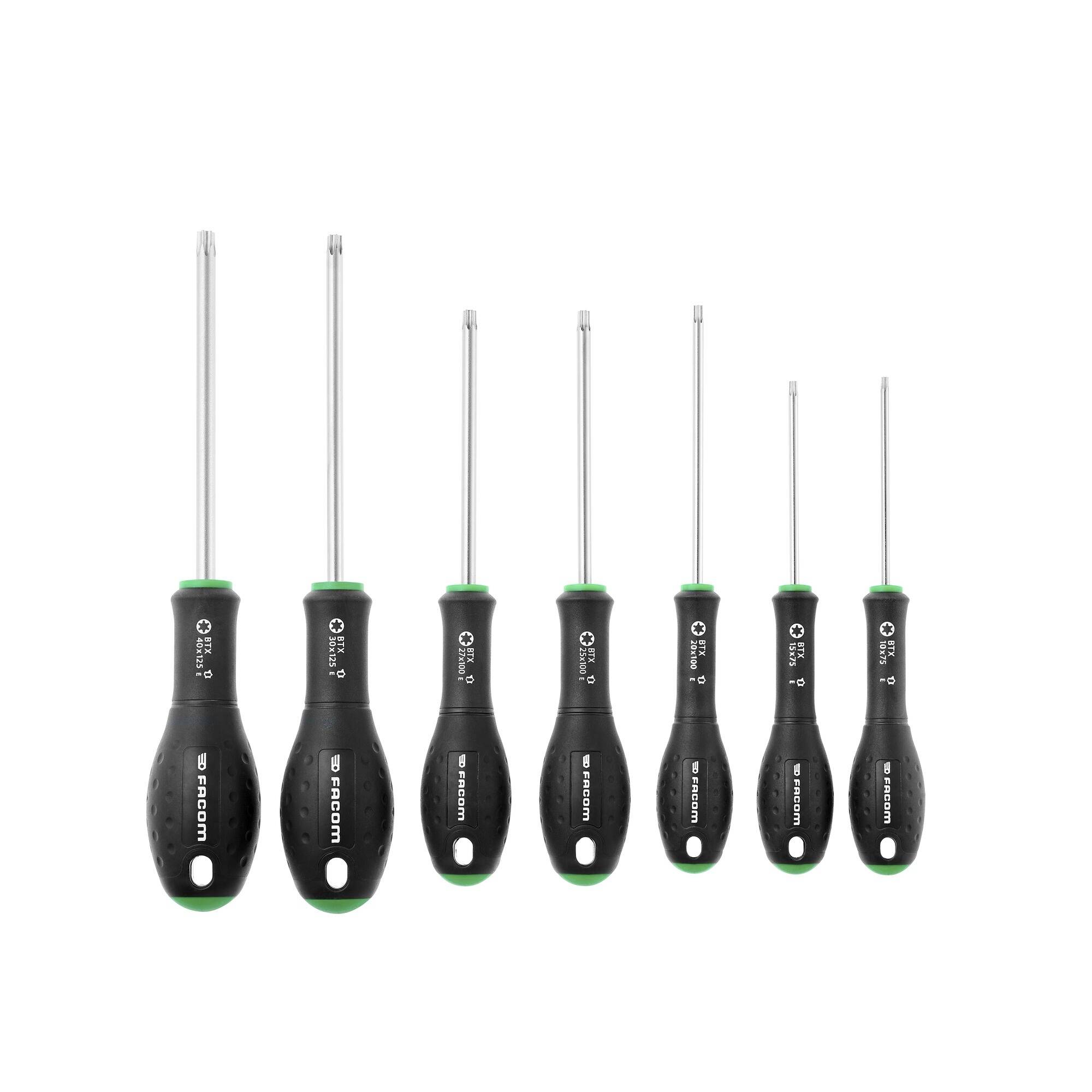 Eine Reihe von sechs Schraubendrehern mit schwarzen Griffen, in einer Reihe angeordnet, mit unterschiedlichen Größen von groß bis klein, mit ergonomischen Griffen.