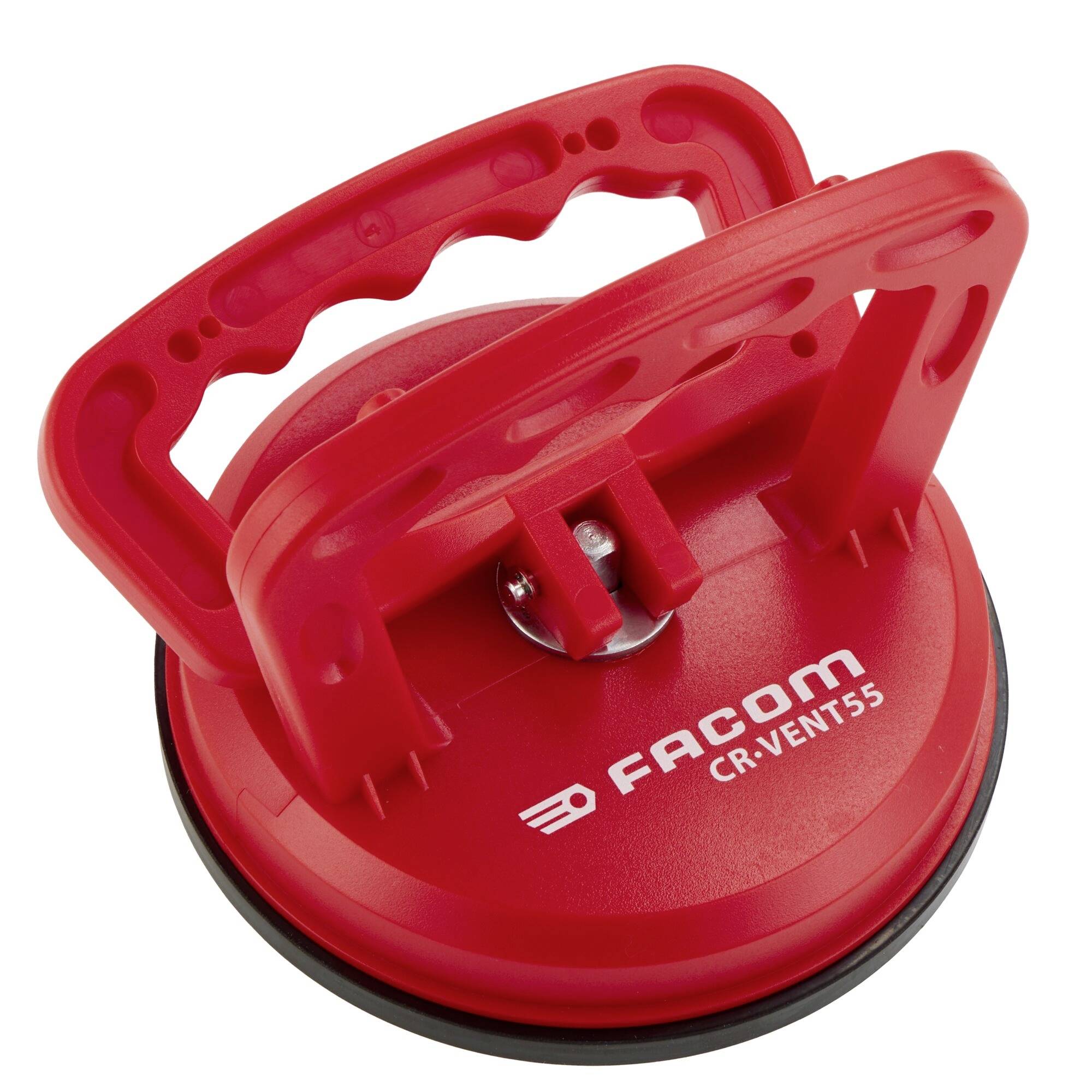 Ein rotes Facom CR-Vent 55 Saugnapfwerkzeug mit Griff, das zum sicheren Heben oder Handhaben von Oberflächen wie Glas oder Fliesen verwendet wird.