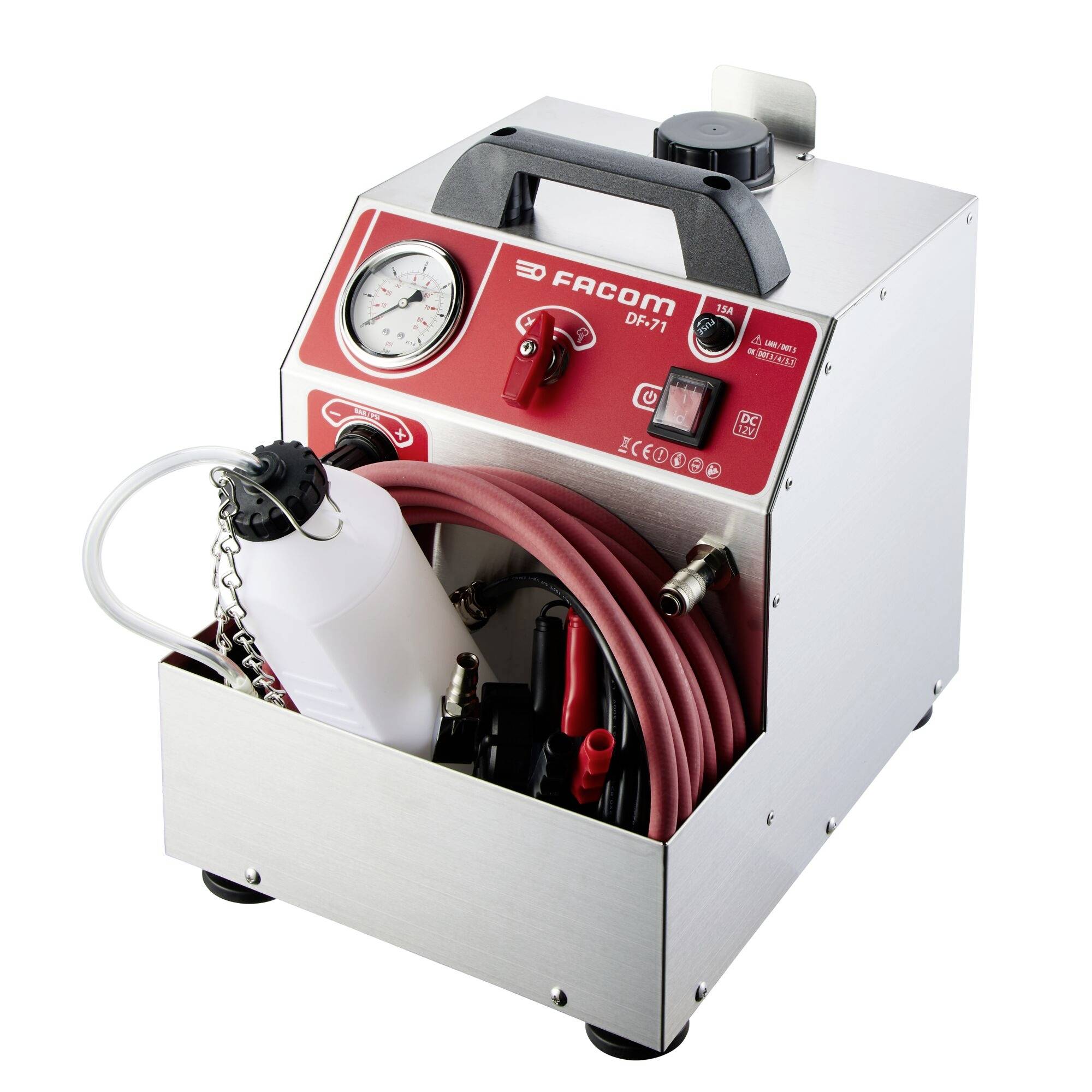 Ein Gerät mit Griff, Manometer, rotem Schlauch und angebrachter Flasche, das zur Bremsen- oder Motorenwartung verwendet wird, gekennzeichnet mit „Facom DF.71
