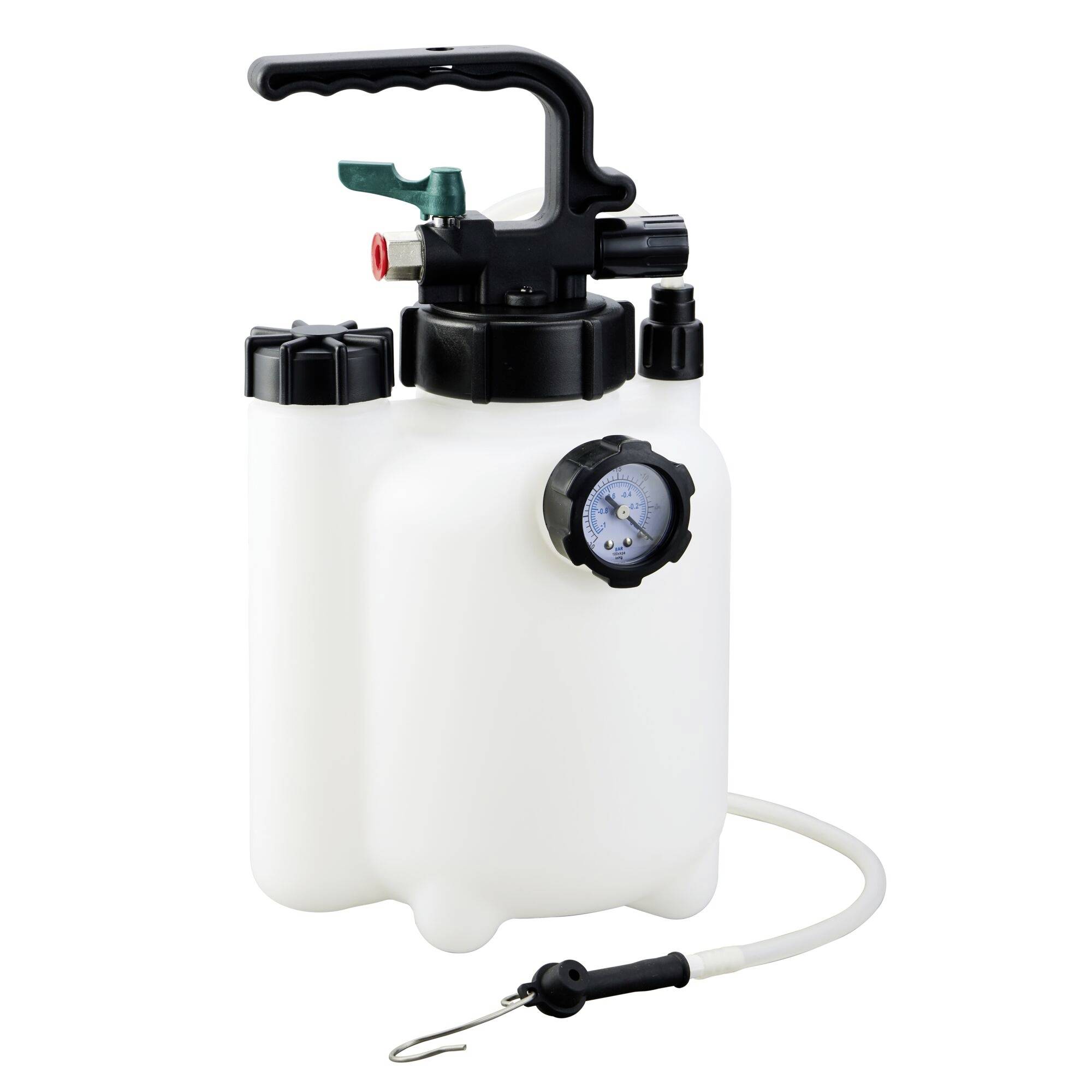 Eine weiße handgepumpte Drucksprühflasche mit Manometer, schwarzem Griff und flexiblem Schlauch. Wird für Garten- oder Reinigungsarbeiten verwendet.