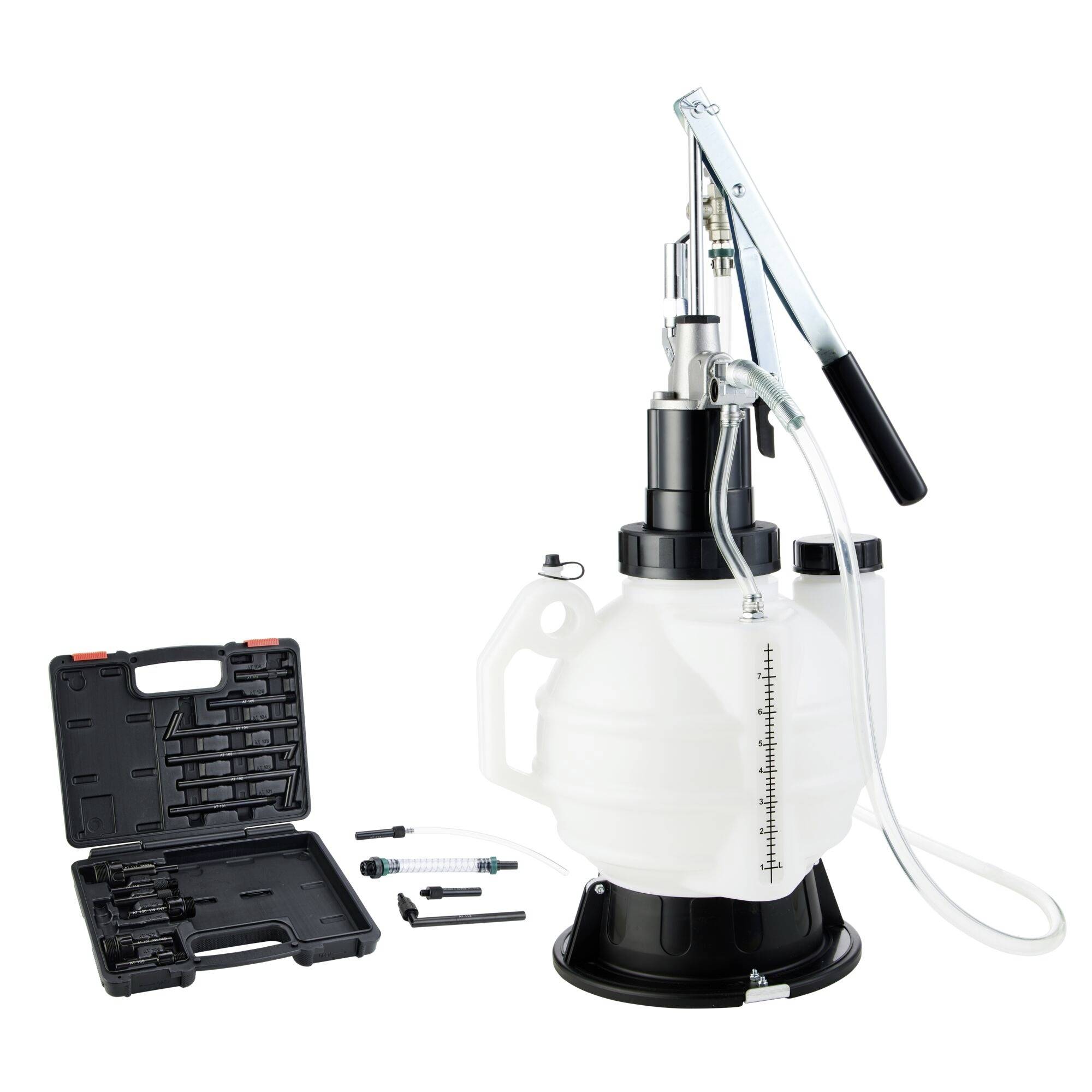 „Handbetriebenes Bremsflüssigkeits-Entlüftungsset mit verschiedenen Zubehörteilen und Transportkoffer. Wird zum einfachen Entfernen und Nachfüllen von Bremsflüssigkeit verwendet.
