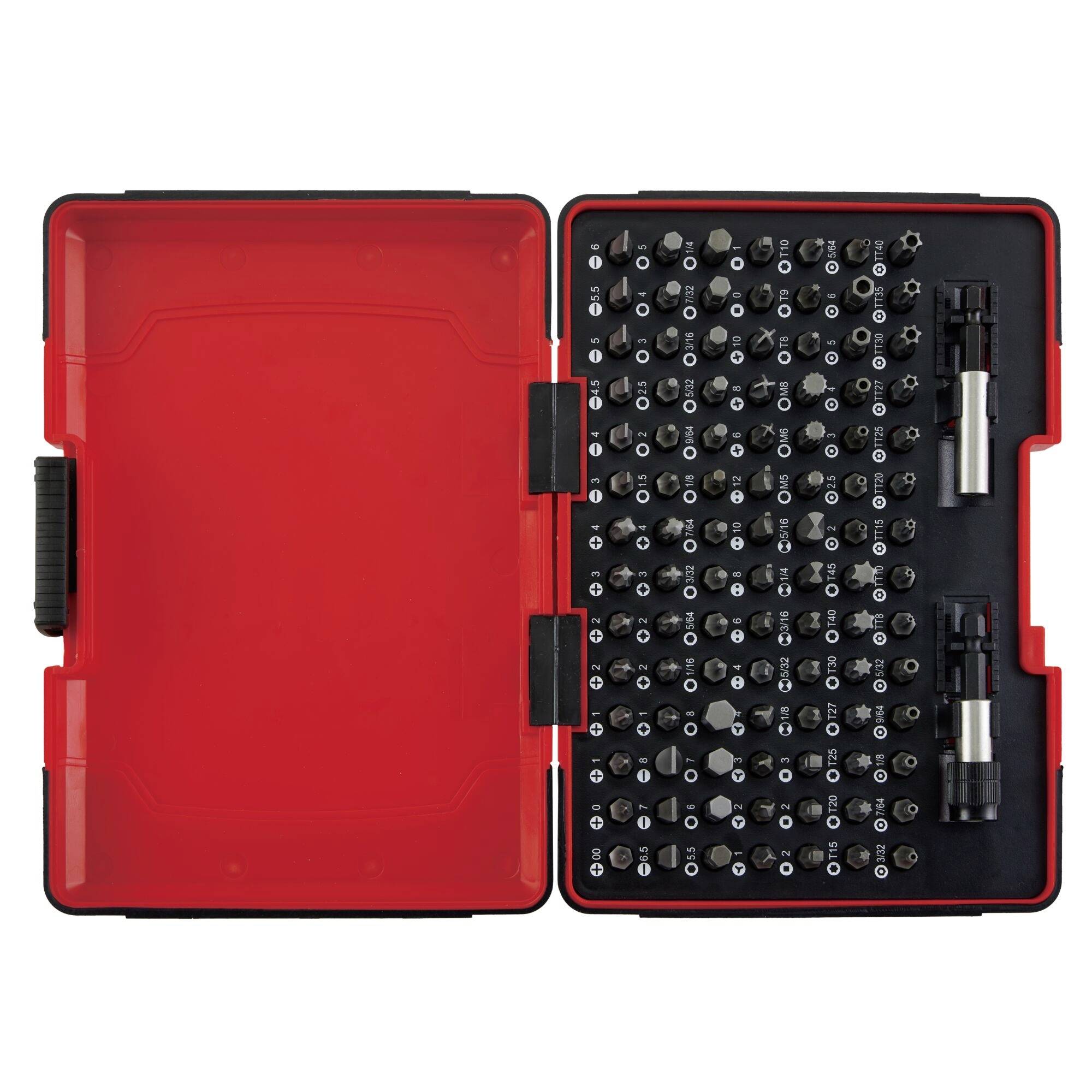 Werkzeugsatz mit verschiedenen Schraubendreher-Aufsätzen und Zubehör, organisiert in einem roten Tragekoffer.