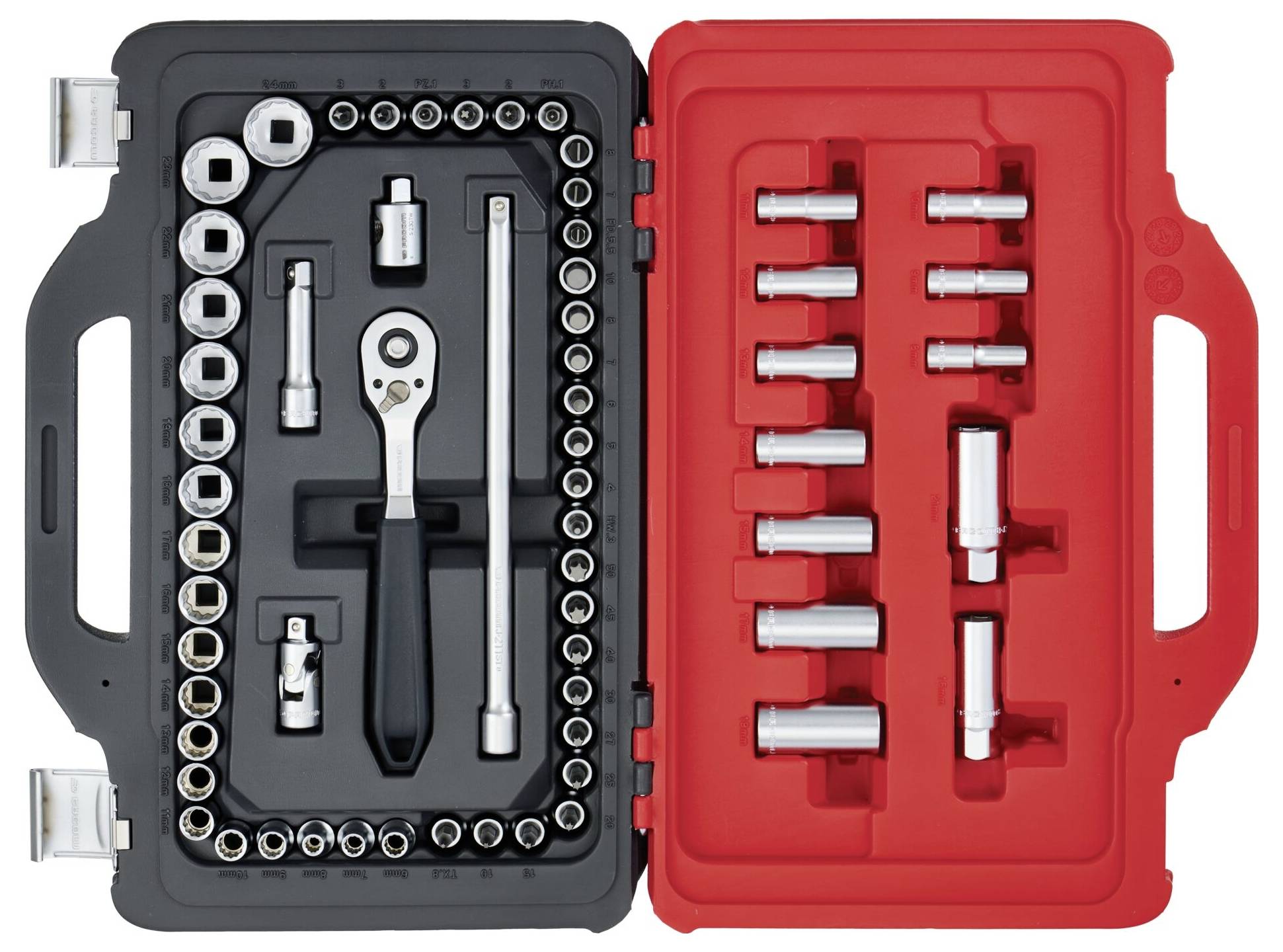 Ein Schraubendreher mit flachem Kopf, schwarzem und rotem Griff und Markenlogo. Das Werkzeug ist zum Antreiben von Schlitzschrauben ausgelegt.