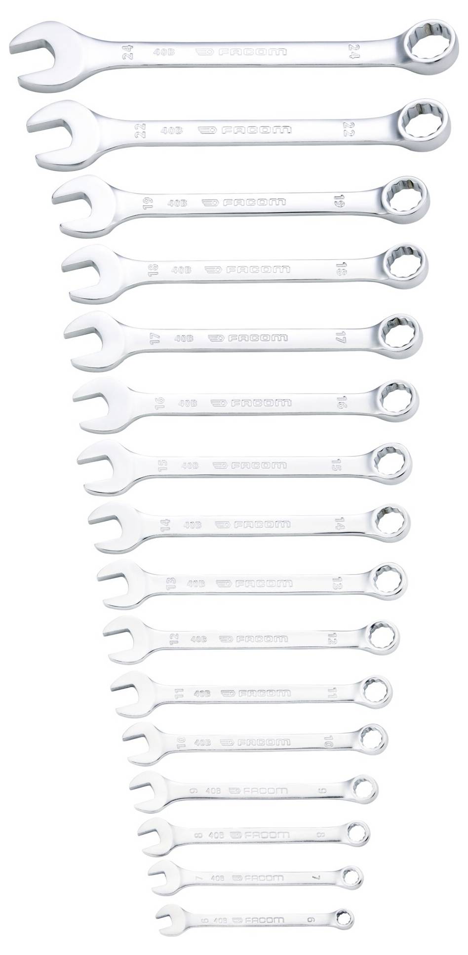 Ein Satz von sechzehn verchromten Kombinationsschlüsseln, in absteigender Größenordnung von oben nach unten angeordnet, vor einem weißen Hintergrund.