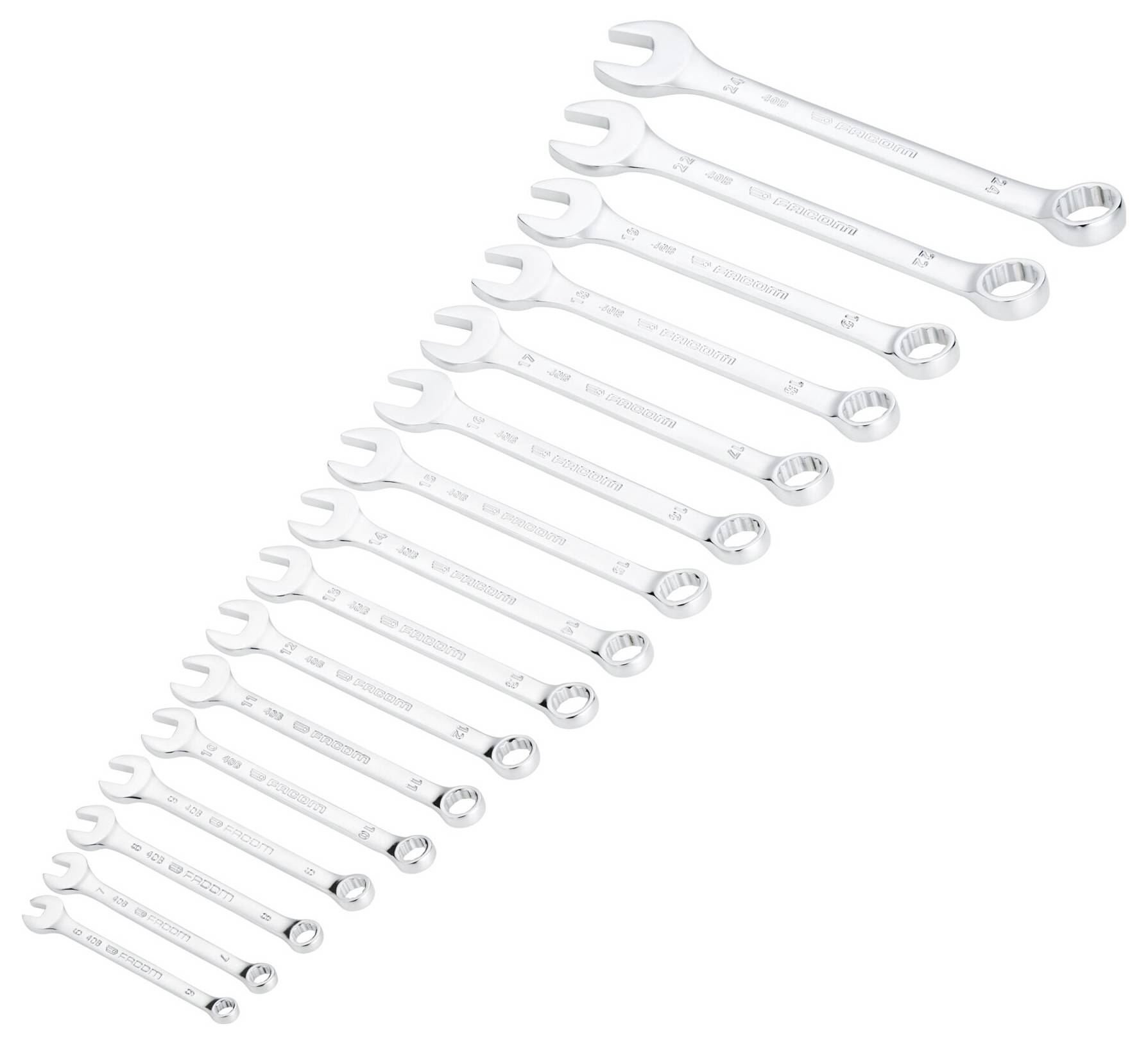 Ein Satz von sechzehn silbernen Schraubenschlüsseln in aufsteigender Größenordnung angeordnet, von klein bis groß, auf weißem Hintergrund.