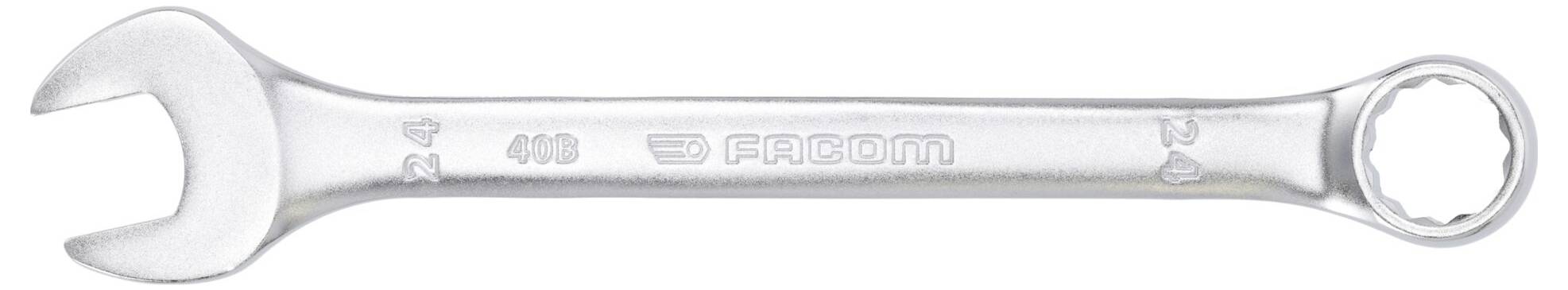 Ein silberner Schraubenschlüssel mit offenem Ende und Ringende, auf dem Griff mit „FACOM 440