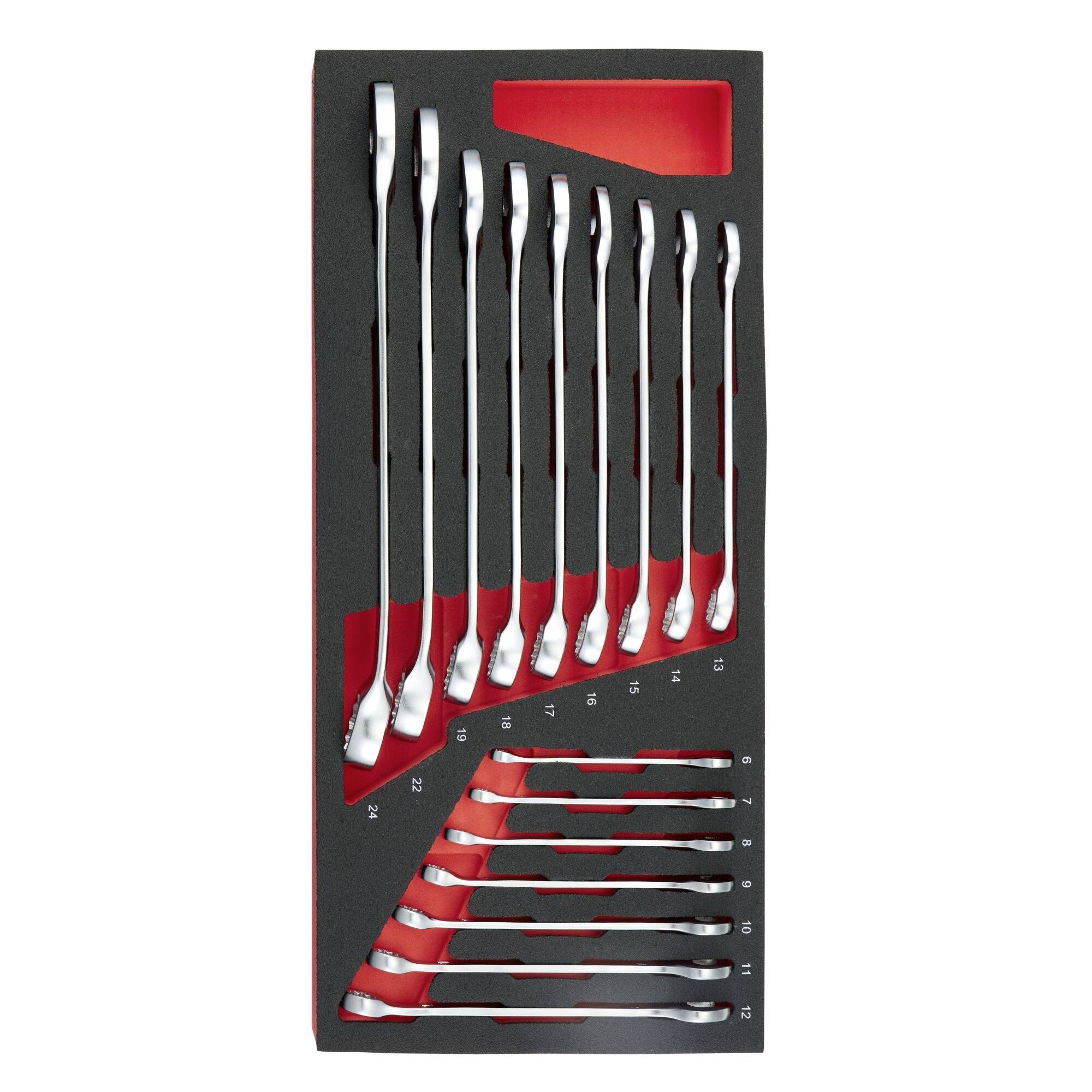 Ein Satz glänzender Schraubenschlüssel in verschiedenen Größen, ordentlich in einem schwarzroten Schaumstoff-Tablett organisiert, das für einfache Lagerung und Werkzeugidentifikation konzipiert ist.