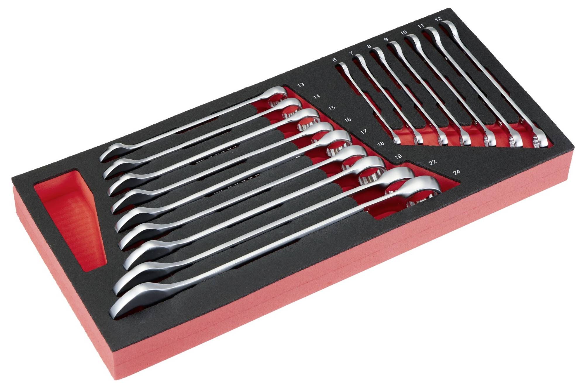 Ein Satz von Schraubenschlüsseln, die in einem Schaumstoff-Tablett organisiert sind, in verschiedenen Größen von klein bis groß, konzipiert für einfache Lagerung und Zugänglichkeit.