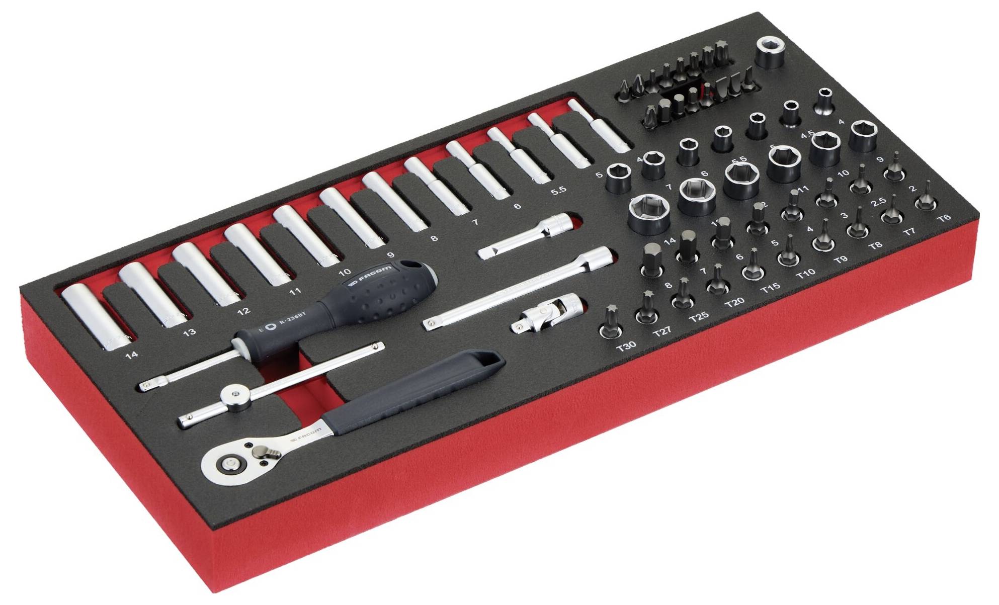 Ein Set von mechanischen Handwerkzeugen, einschließlich Steckschlüsseln, Ratsche und Bits, organisiert in einem rot-schwarzen Schaumstoff-Tablett.