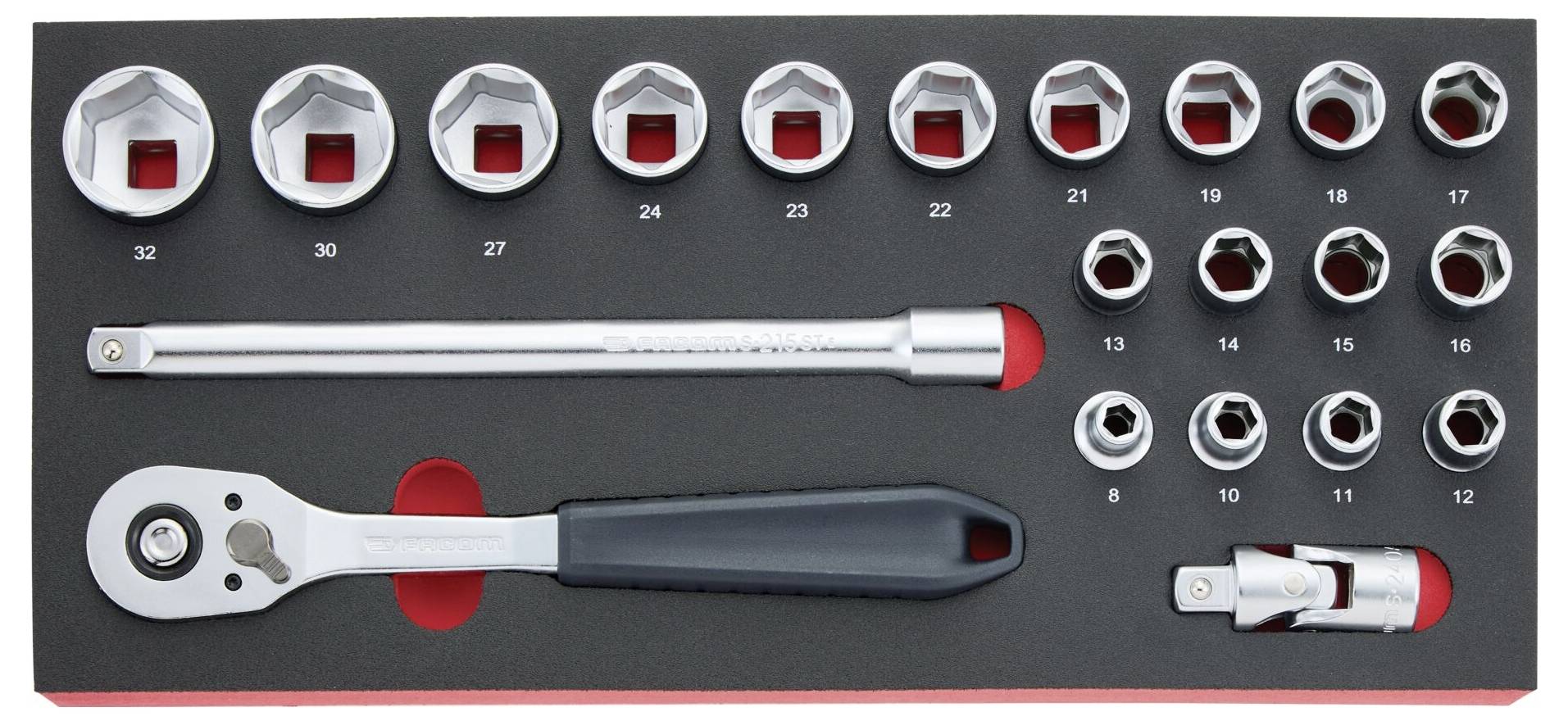 Ein roter Kunststoffhalter mit einem Set von Metallschlüsseln in verschiedenen Größen, beschriftet mit „FACOM 40B