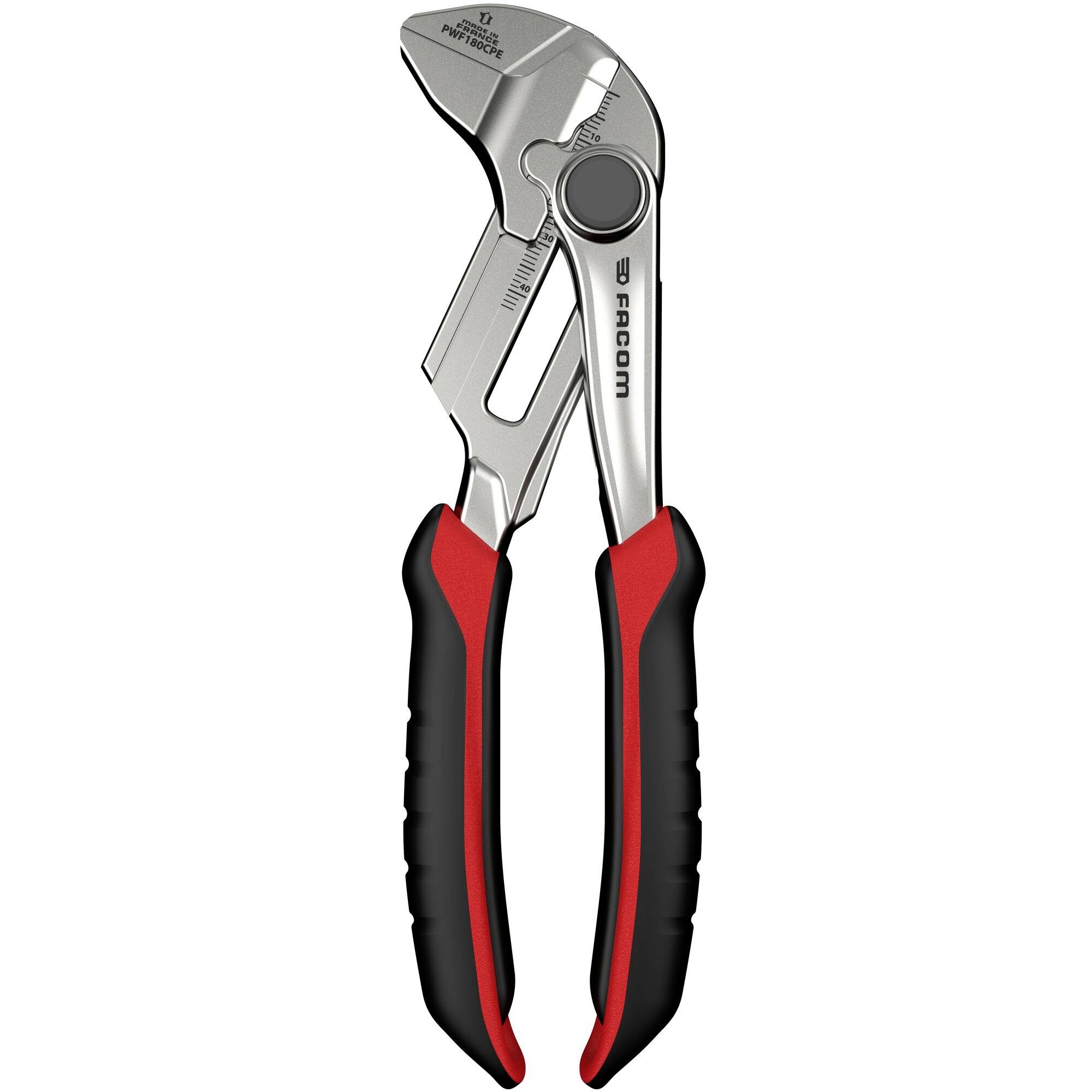 Verstellbare Zange mit metallischem Finish und schwarzen und roten Gummigriffern, entwickelt zum Greifen und Drehen von Objekten.