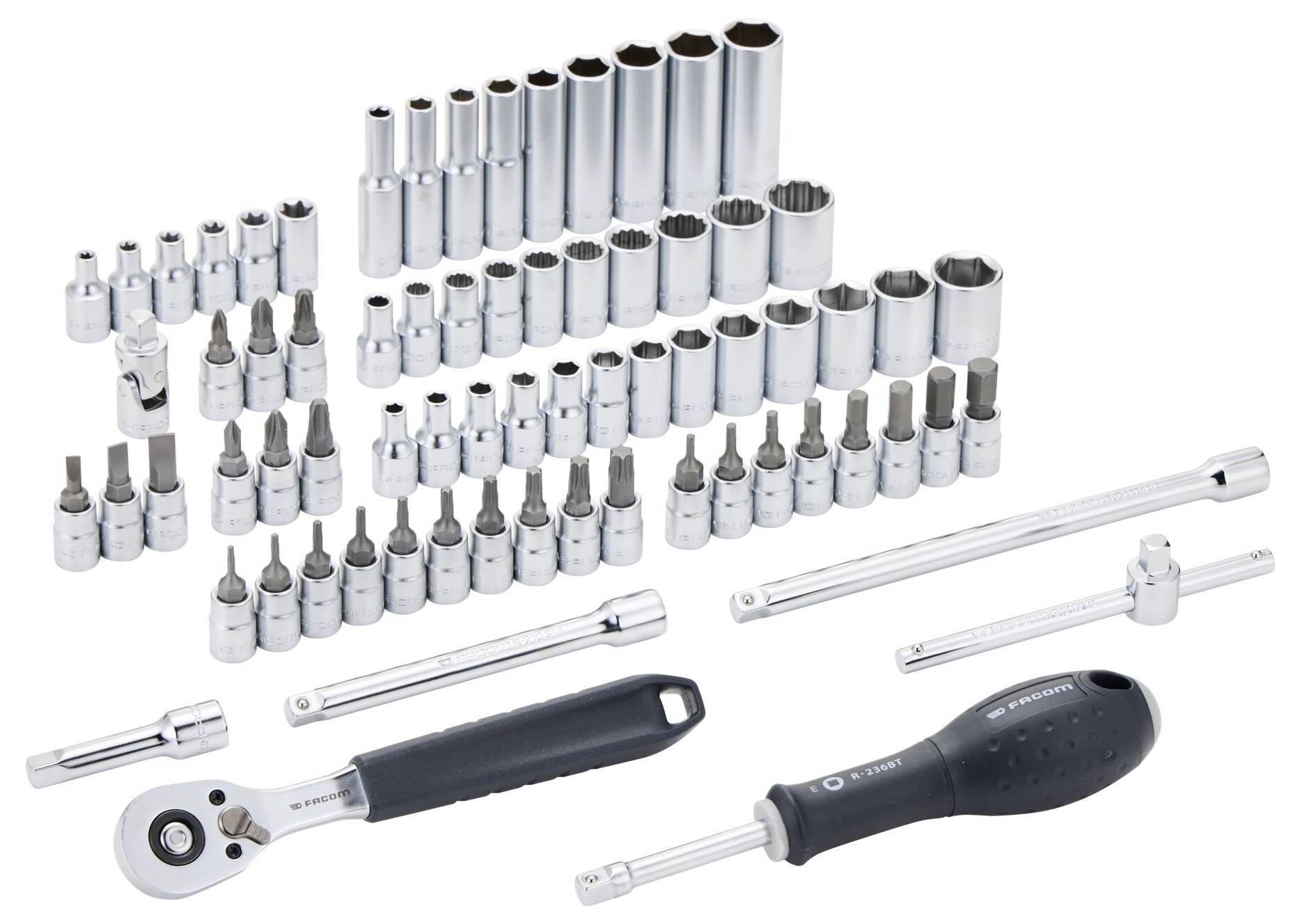 Ein 20-teiliger Steckschlüssel-Satz mit verschiedenen Steckschlüssel-Größen, einem Ratschenschlüssel, einer Verlängerungsstange und einem Universalgelenk-Adapter.