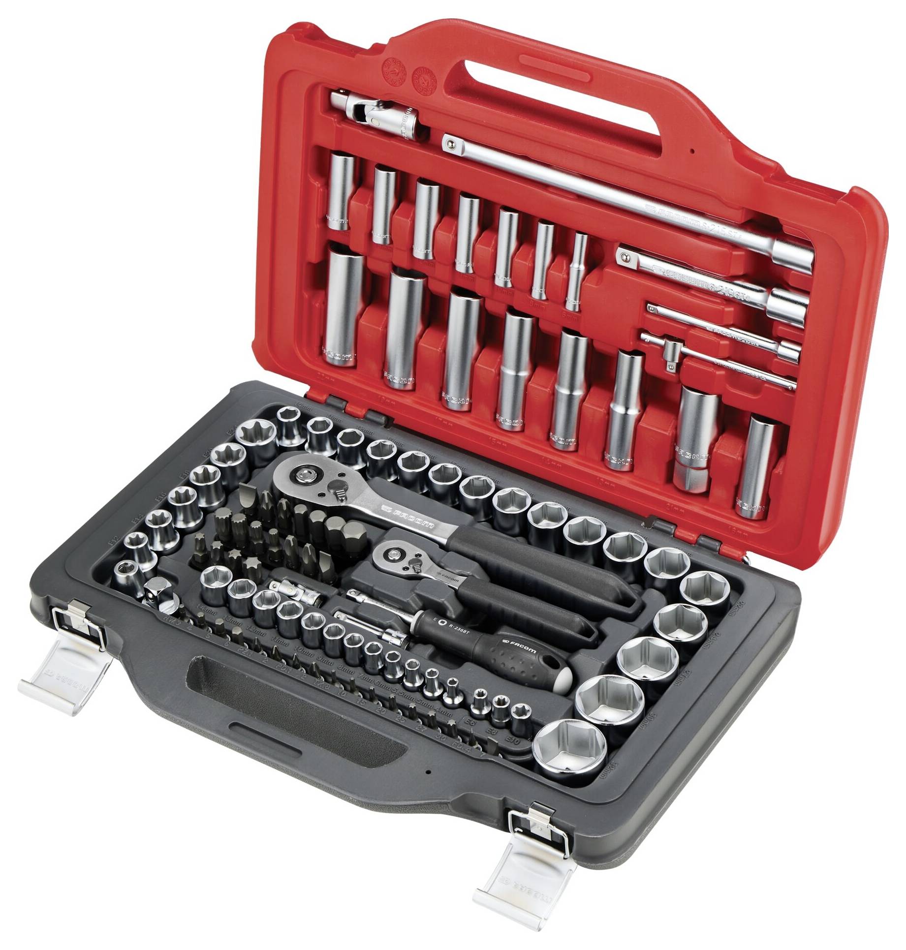 Ein Schlitzschraubendreher mit schwarzem und rotem Griff, mit der Bezeichnung „Facom