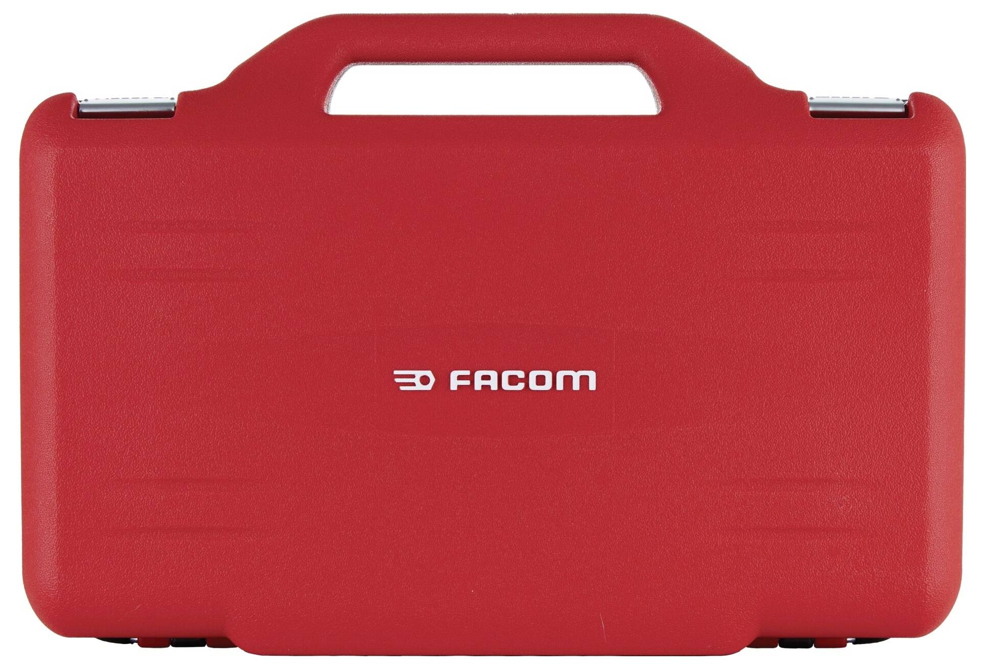 Ein roter Facom-Werkzeugkasten mit Griff, mit dem prominenten Markenlogo auf der Vorderseite.