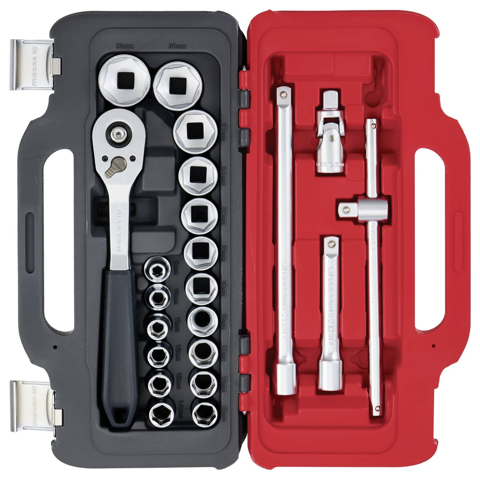 Ein umfassendes Steckschlüssel-Set in einem offenen Koffer mit verschiedenen Steckschlüsselgrößen und Verlängerungsstangen, die ordentlich organisiert sind.