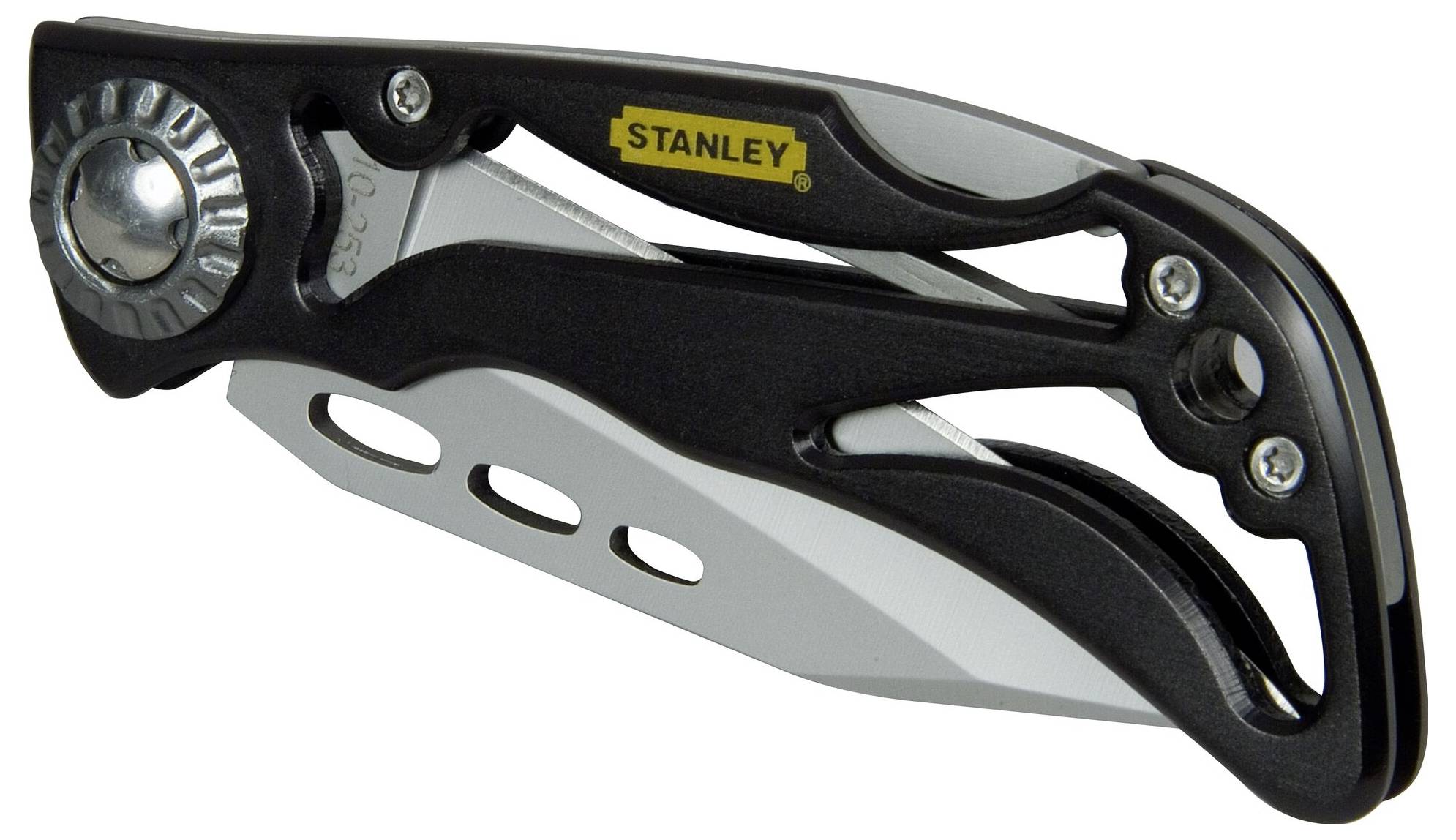 Ein schwarzes und silbernes Stanley-Klappmesser mit teilweise freiliegendem Klinge.