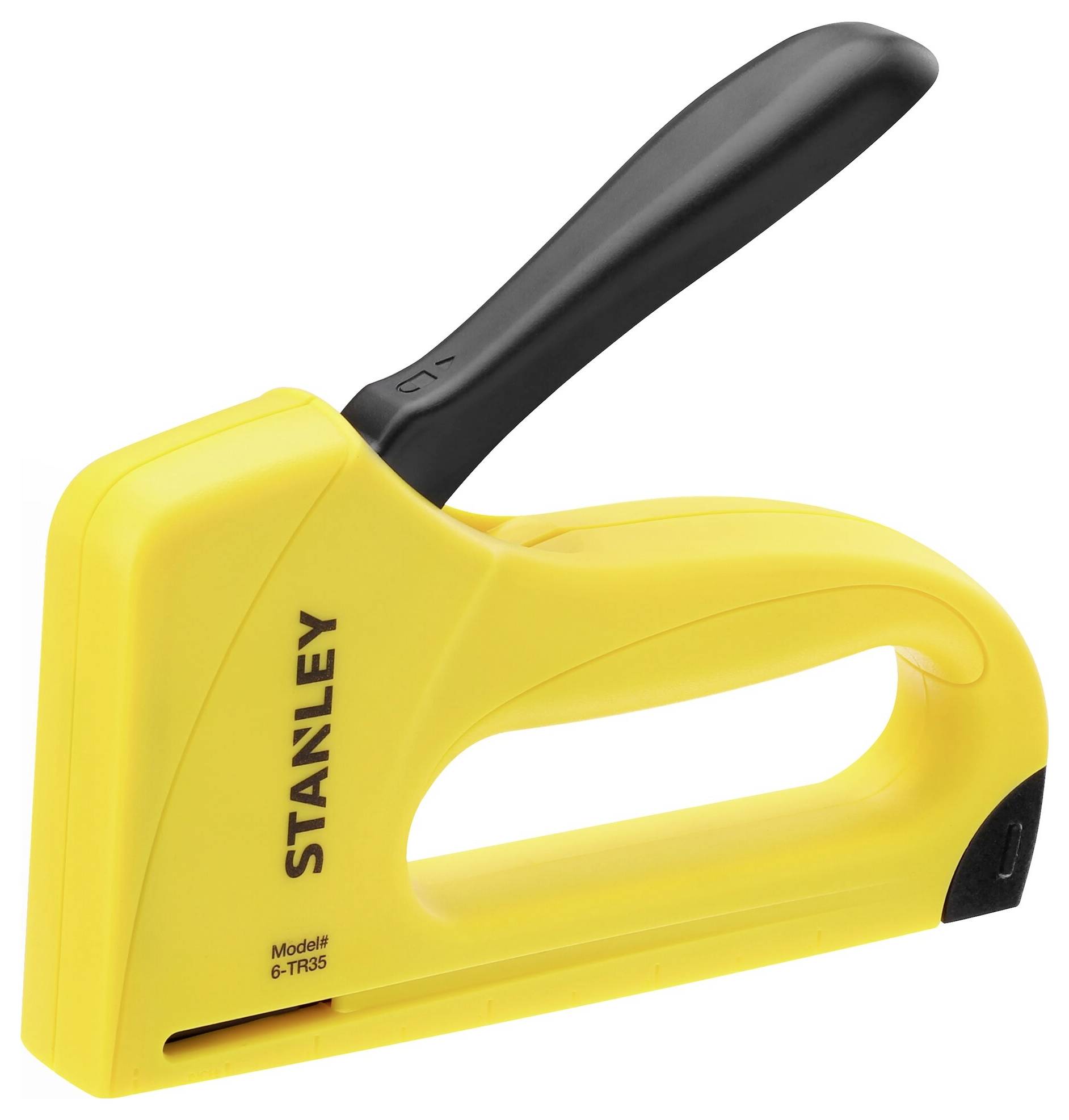 Eine gelbe Stanley Heftpistole, Modell TR35, mit schwarzem Griff, geeignet für Heimwerkerarbeiten und leichte Reparaturen.