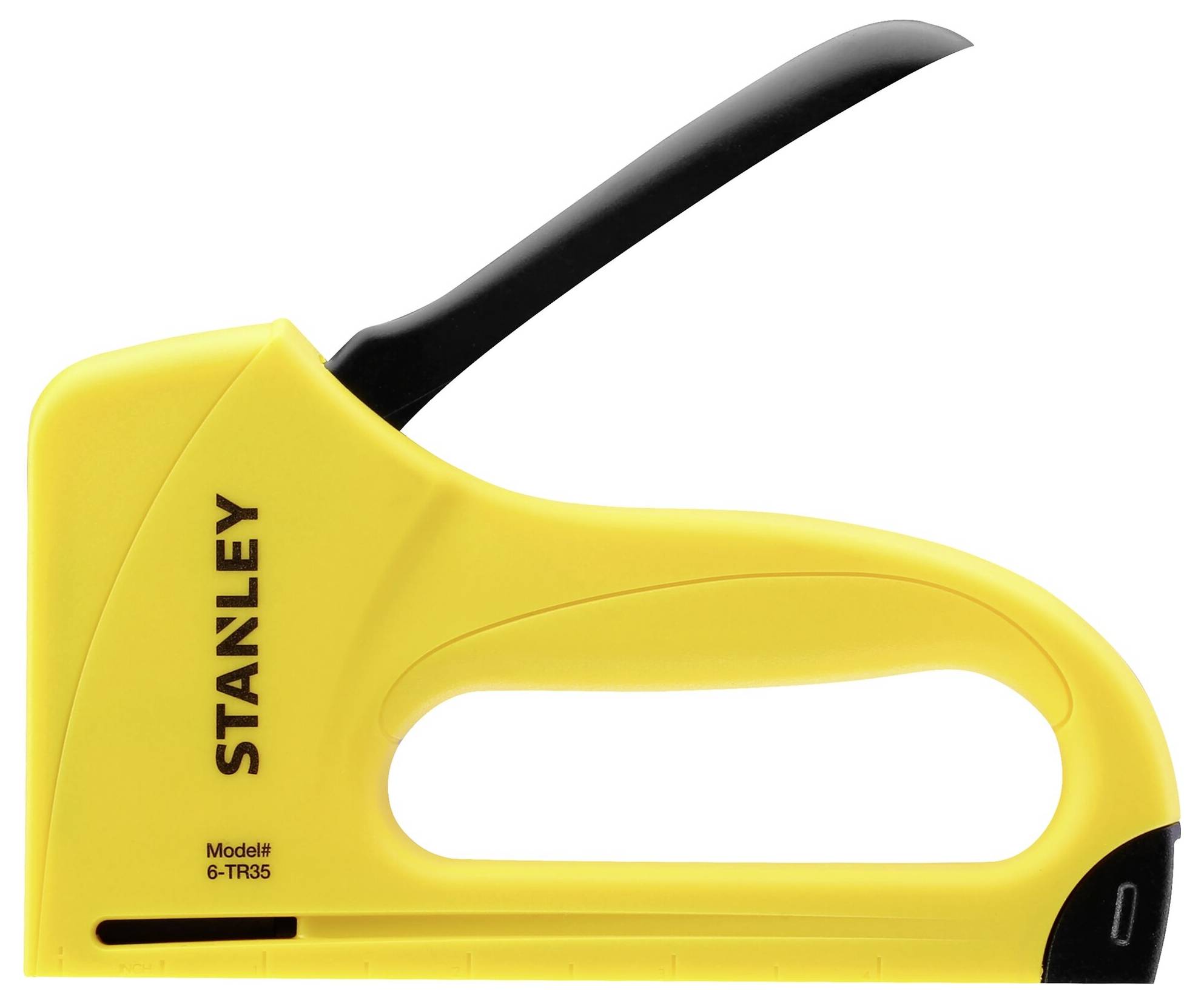 Ein gelbes Stanley-Modell 6-TR35-Heftgerät mit schwarzem Griff, das für Polster- und Handwerksprojekte konzipiert ist.