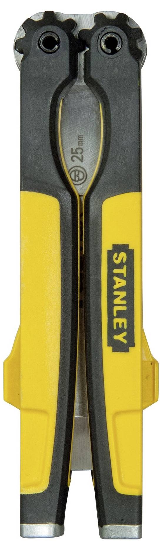 Ein gelb-schwarzes Stanley-Werkzeug mit zwei Griffen, auf der Vorderseite mit der Messgröße „25mm