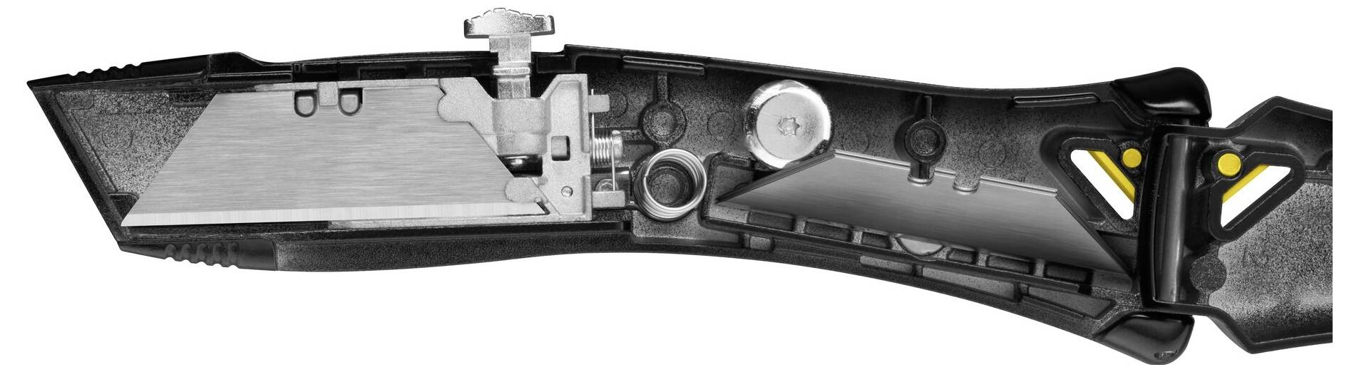 Querschnitt eines Universalmessers, das eine freiliegende Klinge im Griff mit interner Speicherung für Ersatzklingen zeigt.