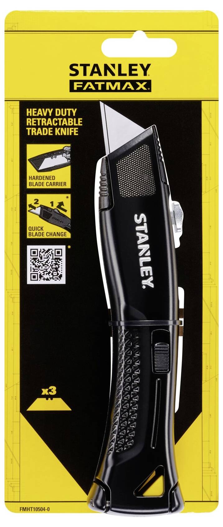 Stanley FatMax schweres Einziehbares Handwerksmesser in Schwarz mit gehärtetem Klingenträger, Schnellwechsel-Funktion und drei im Lieferumfang enthaltenen Klingen.