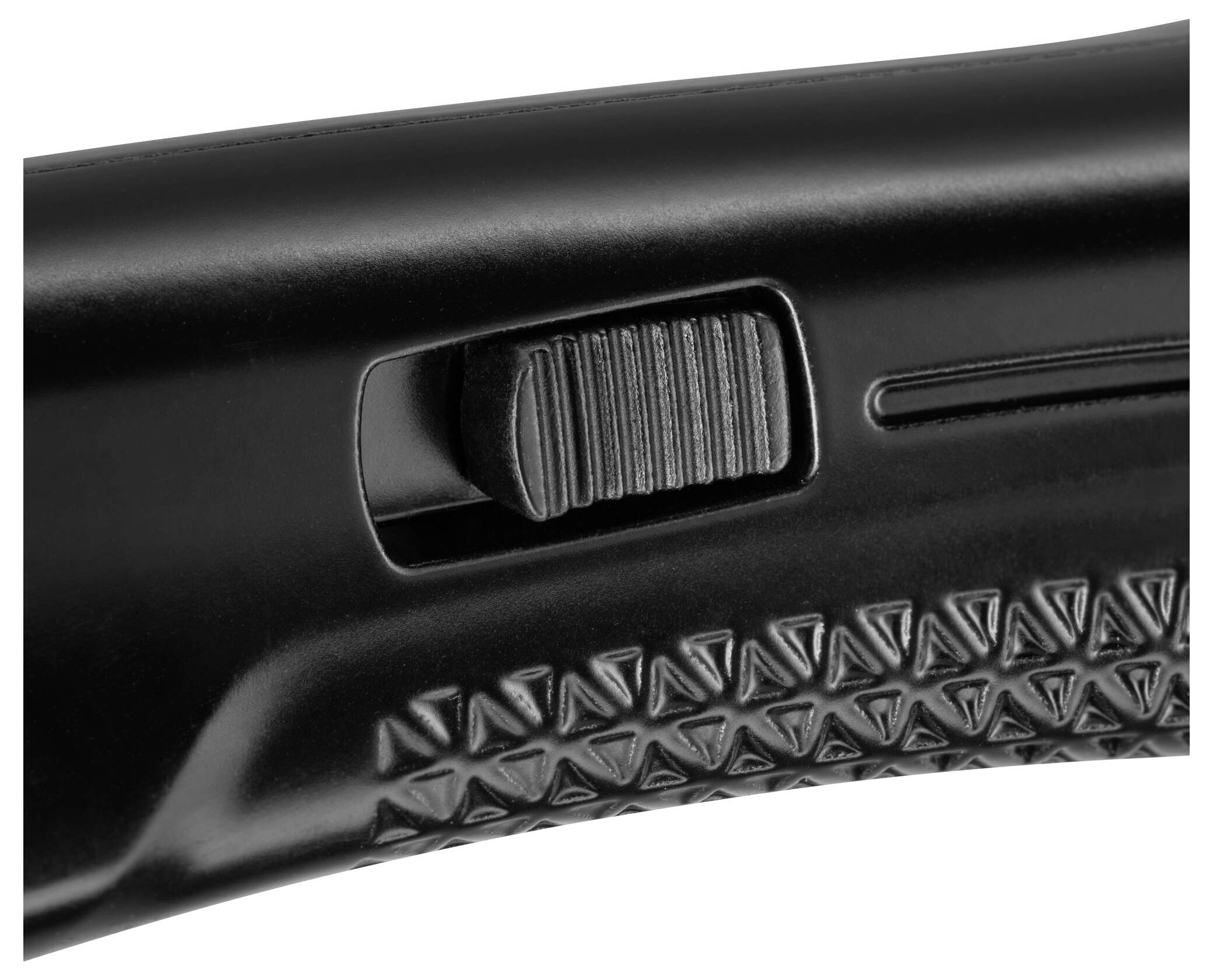 Ein strukturierter schwarzer Griff mit einem gerillten Schiebeknopf, wahrscheinlich Teil eines Werkzeugs oder einer Vorrichtung, entwickelt für Halt und Kontrolle.