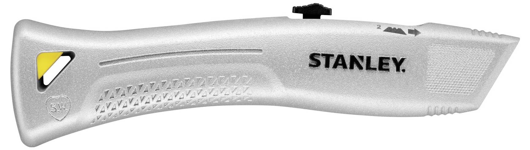 Ein silbernes Stanley-Universalmesser mit einziehbarer Klinge und ergonomischem Griffdesign, mit Grifftexturen und einem Sicherheitsschild-Symbol.