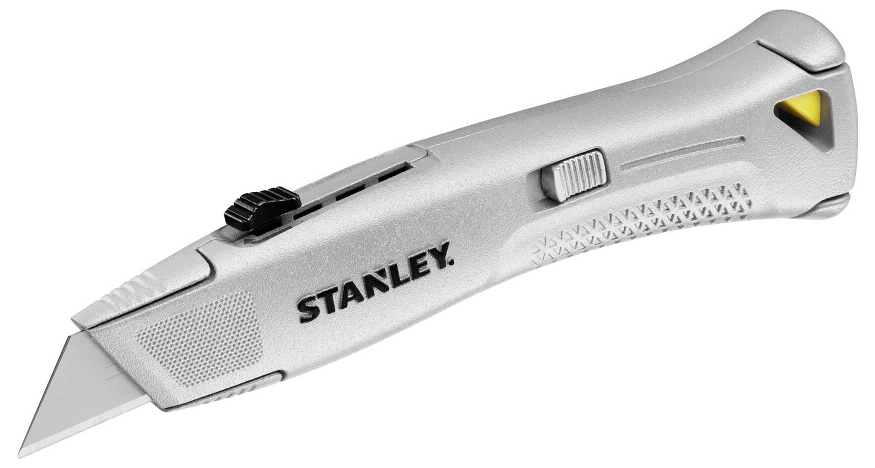 Silbernes Universalmesser mit einfahrbarer Klinge, strukturiertem Griffgriff und „Stanley