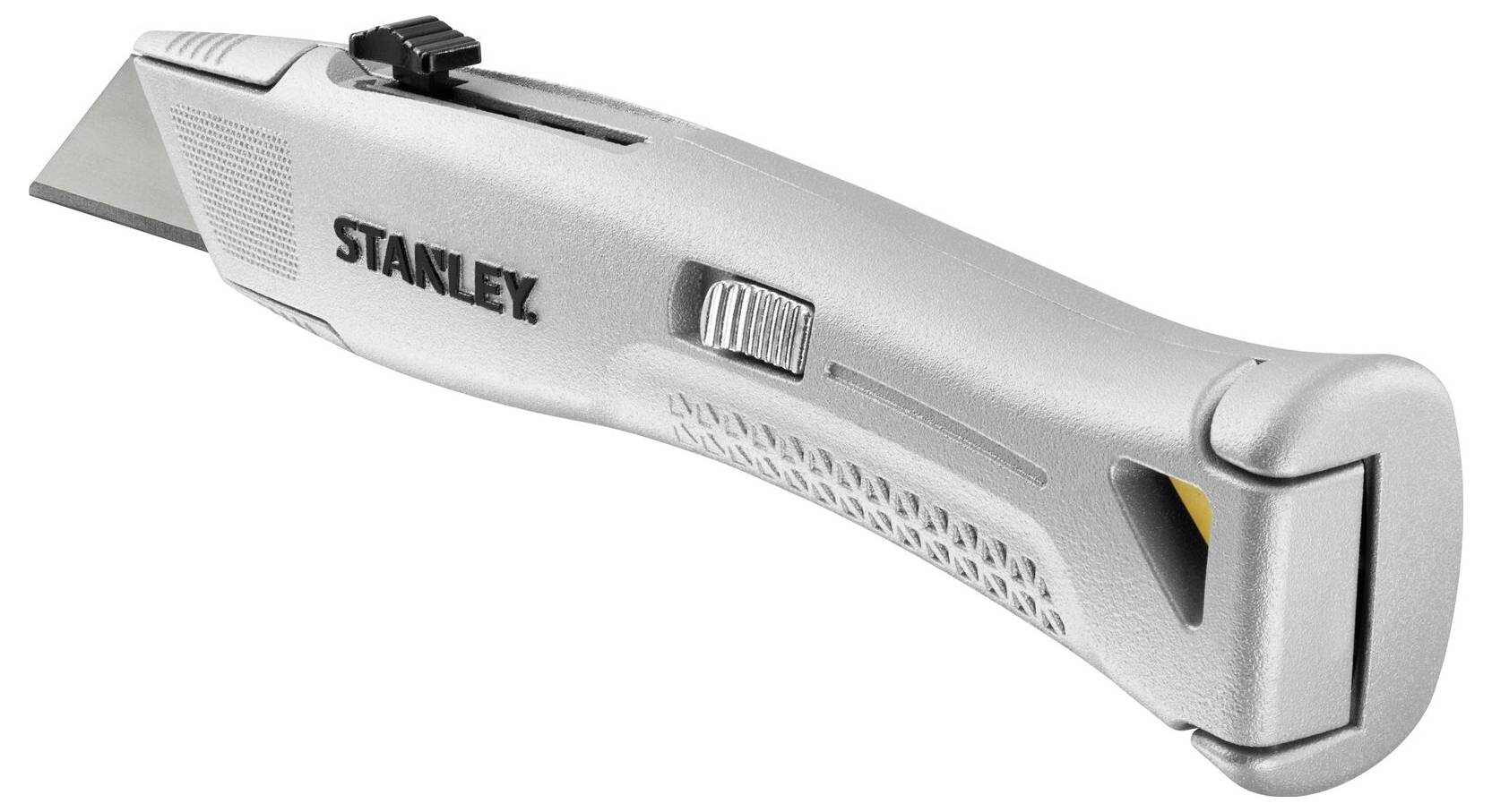 Ein silbernes Universalmesser mit ausziehbarer Klinge und einem schwarzen Schieber oben. Der Griff hat das Wort „Stanley
