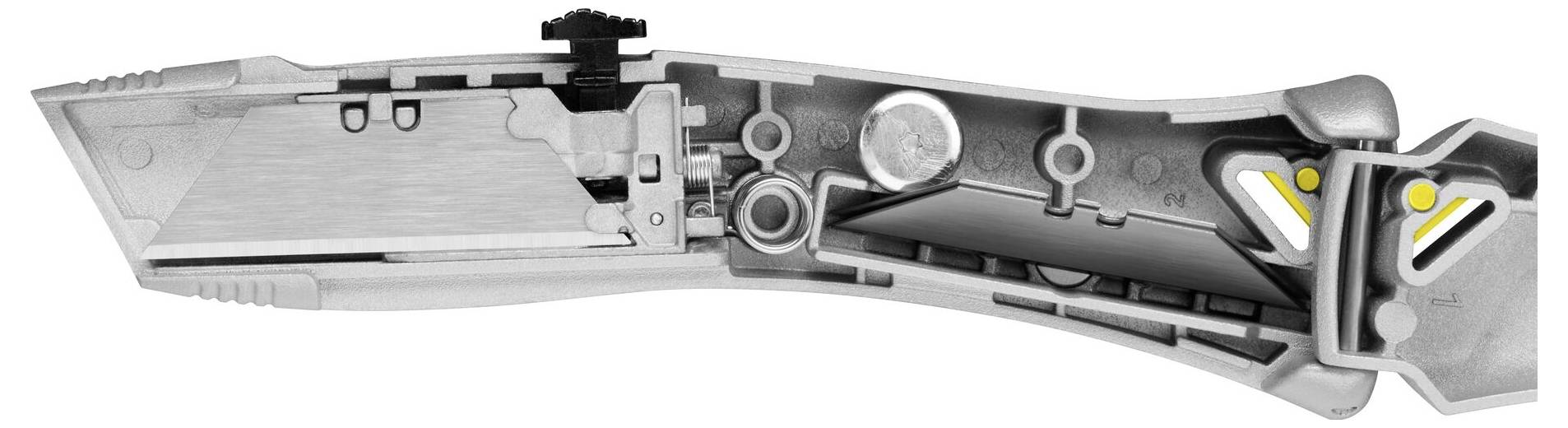 Querschnitt eines Universalmessers, das innere Komponenten zeigt, einschließlich Klinge, Sicherheitsmechanismen und ergonomisches Griffdesign.