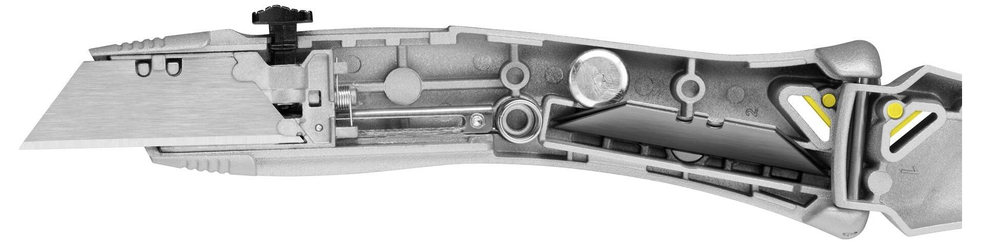 Ein Querschnitt eines Universalmessers mit internen Komponenten wie der Klinge, dem Federmechanismus und der Griffstruktur zum visuellen Verständnis.