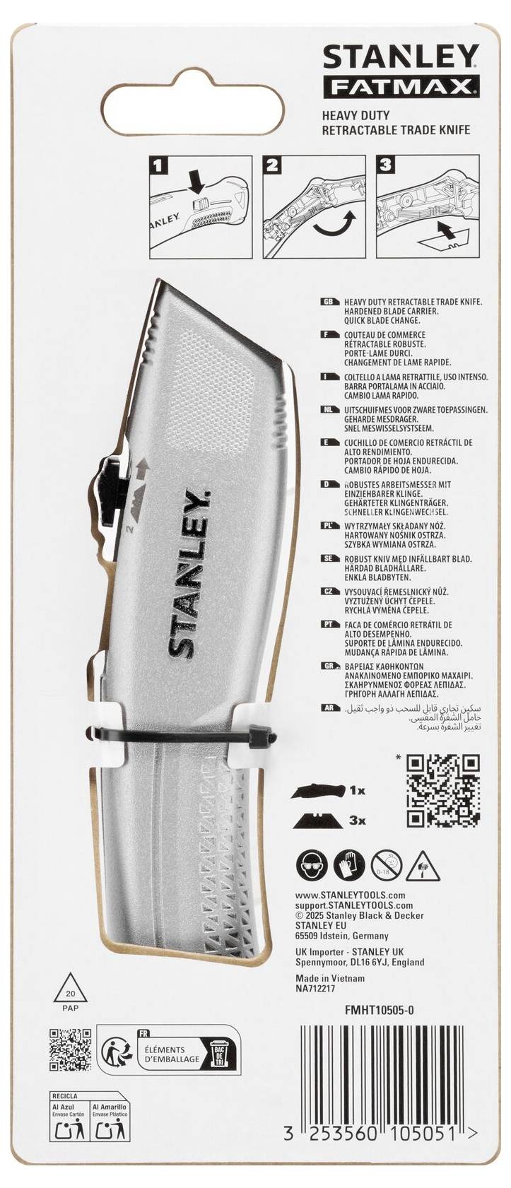 Eine behandschuhte Hand hält ein Stanley-Universalmesser mit ausziehbarer Klinge, positioniert vor einem Holzhintergrund, zeigt den Griff und das Einstellrad.