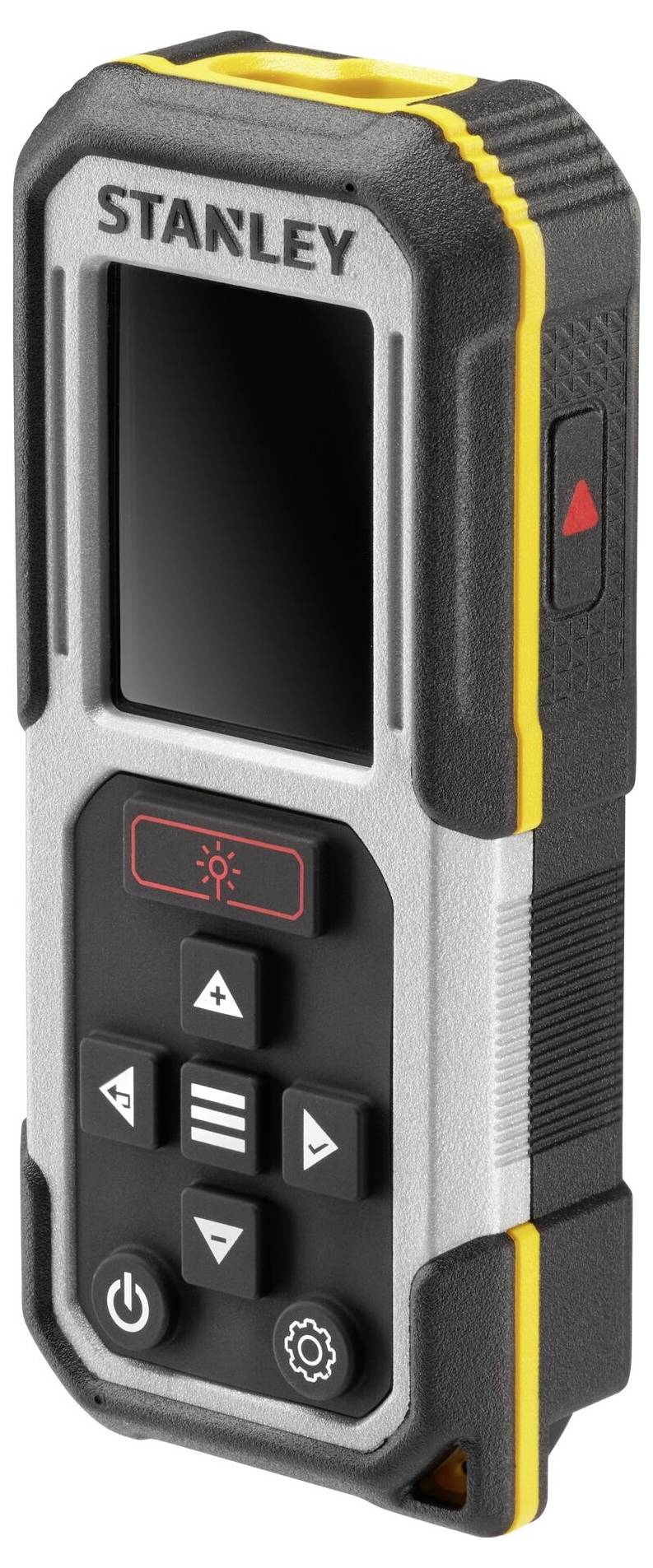 Ein tragbares digitales Laser-Entfernungsmessgerät mit Display, numerischer Tastatur und mehreren Tasten, mit der Marke „STANLEY