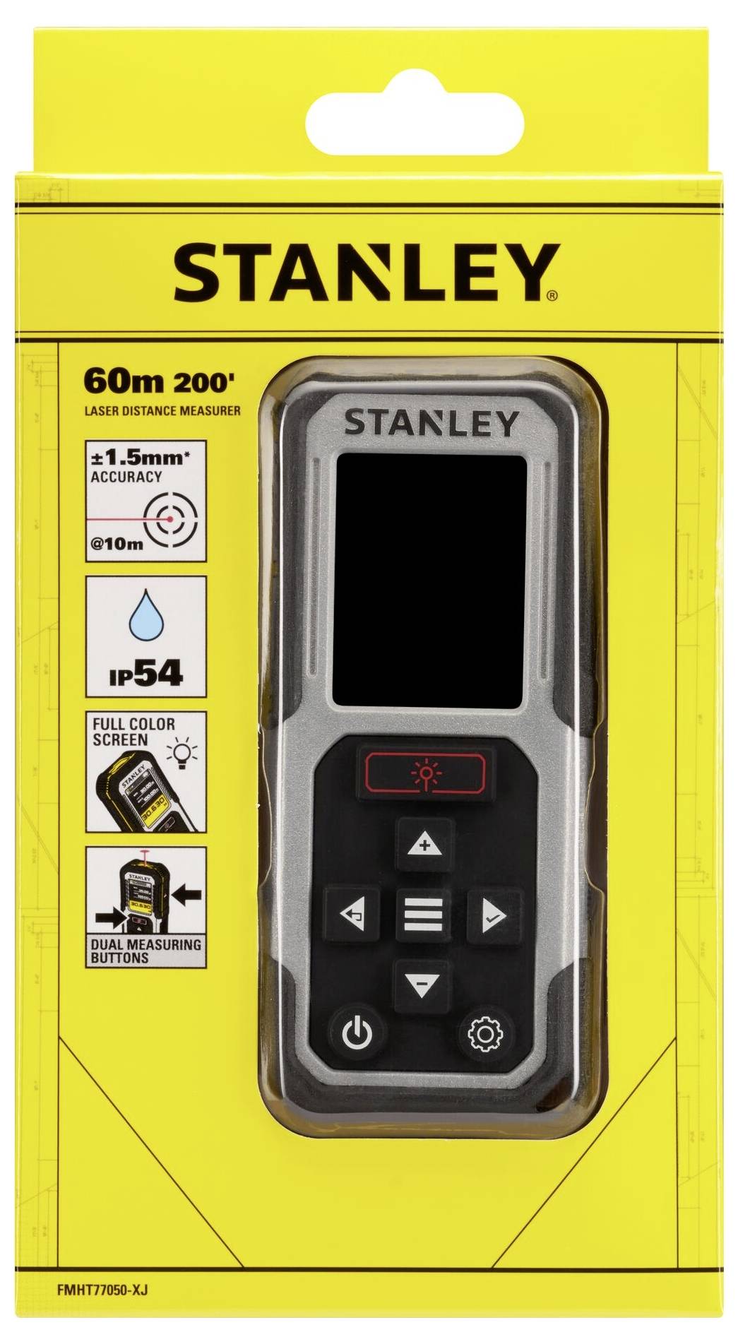 Stanley Laser-Entfernungsmesser, Reichweite 60m/200ft, ±1,5mm Genauigkeit, Farbdisplay, Schutzgummigehäuse, für Präzisionsmessungen konzipiert.