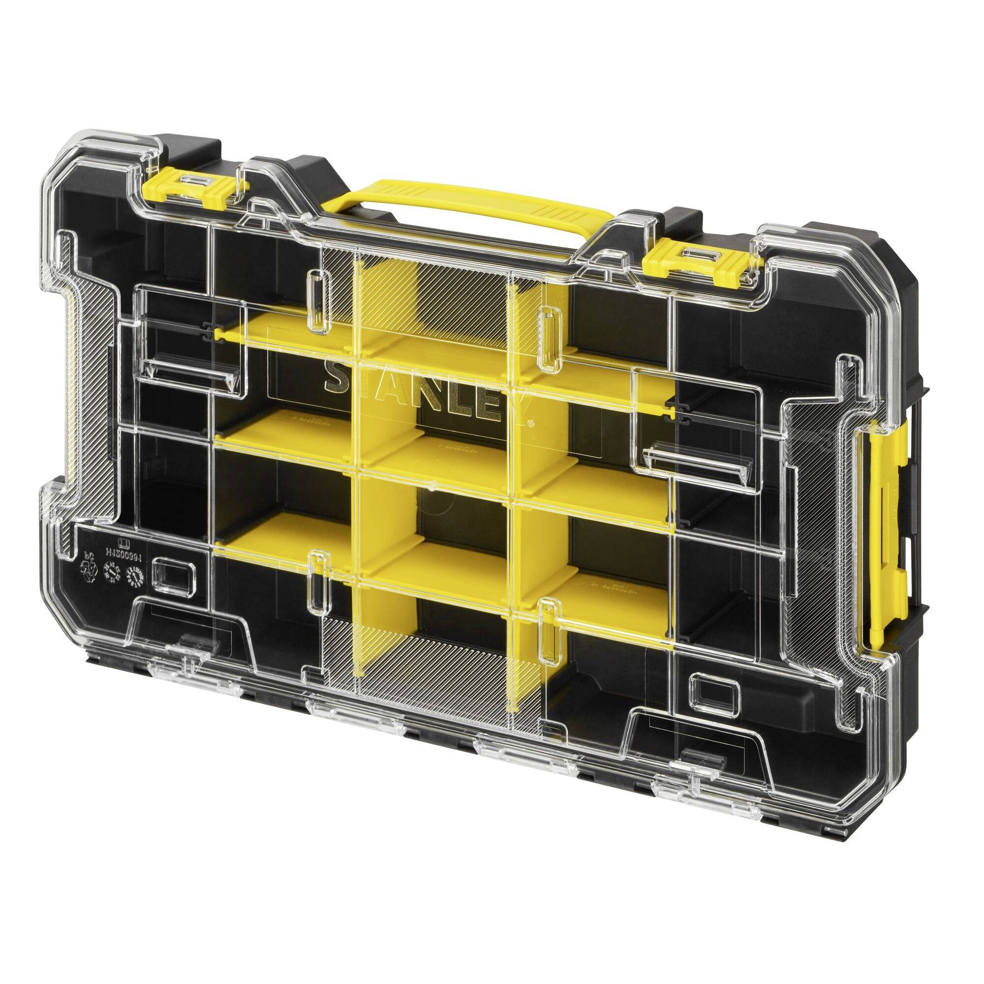 Ein schwarzer und gelber Kunststoff-Organisationsbehälter mit durchsichtigem Deckel, der mehrere Fächer zum Verstauen verschiedener Gegenstände aufweist.