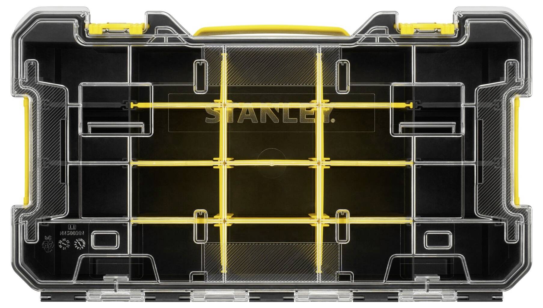 Ein leerer schwarzer Aufbewahrungsorganizer mit transparenten Fächern und gelben Trennwänden, geeignet für kleine Werkzeuge oder Befestigungsmaterial.