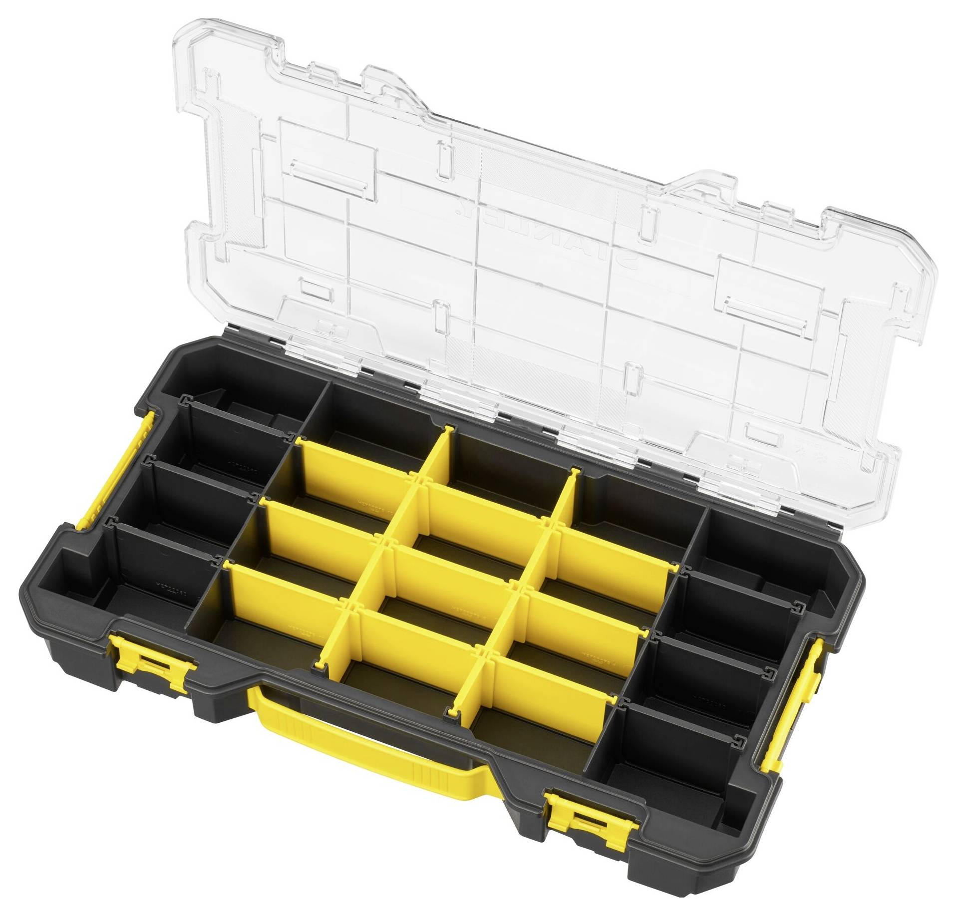 Ein Kunststoff-Werkzeugkasten-Organizer mit durchsichtigem Deckel, unterteilt in gelbe Fächer verschiedener Größen, zum Lagern von kleinen Gegenständen.
