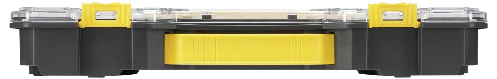 Eine schwarz-gelbe Werkzeugbox mit transparentem Deckel und robusten Griffen, die zum effektiven Organisieren und Lagern von Werkzeugen entwickelt wurde.