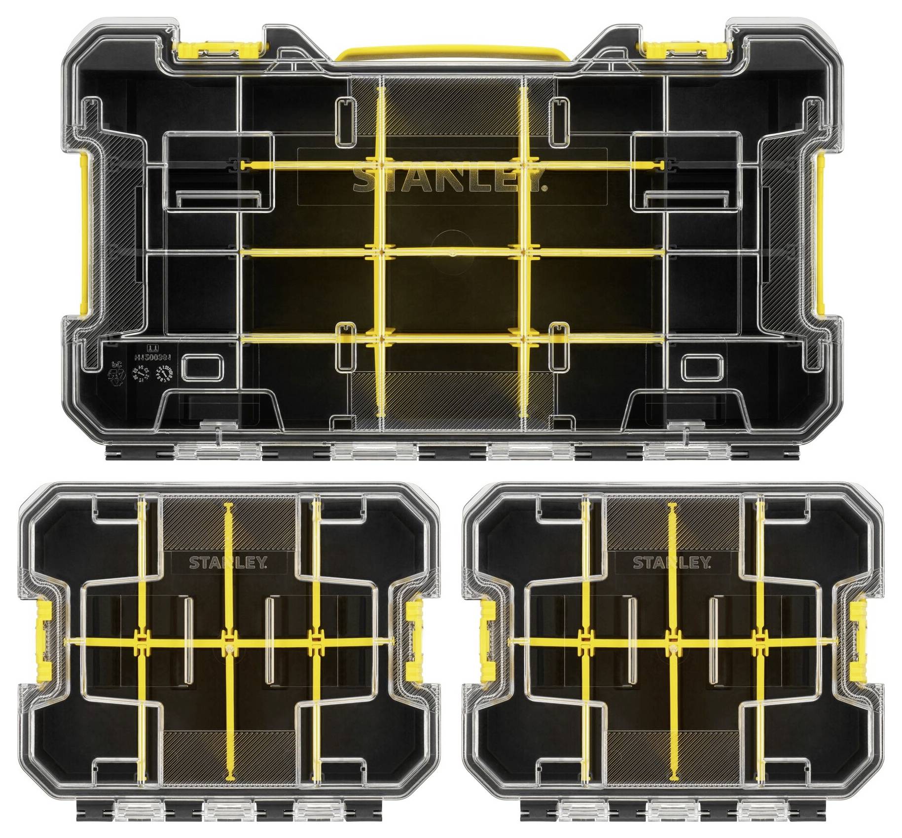 Ein scharfer Metallmeißel mit gelb-schwarzem Griff, wobei das Markenlogo in der Nähe der Griffstelle zu sehen ist.