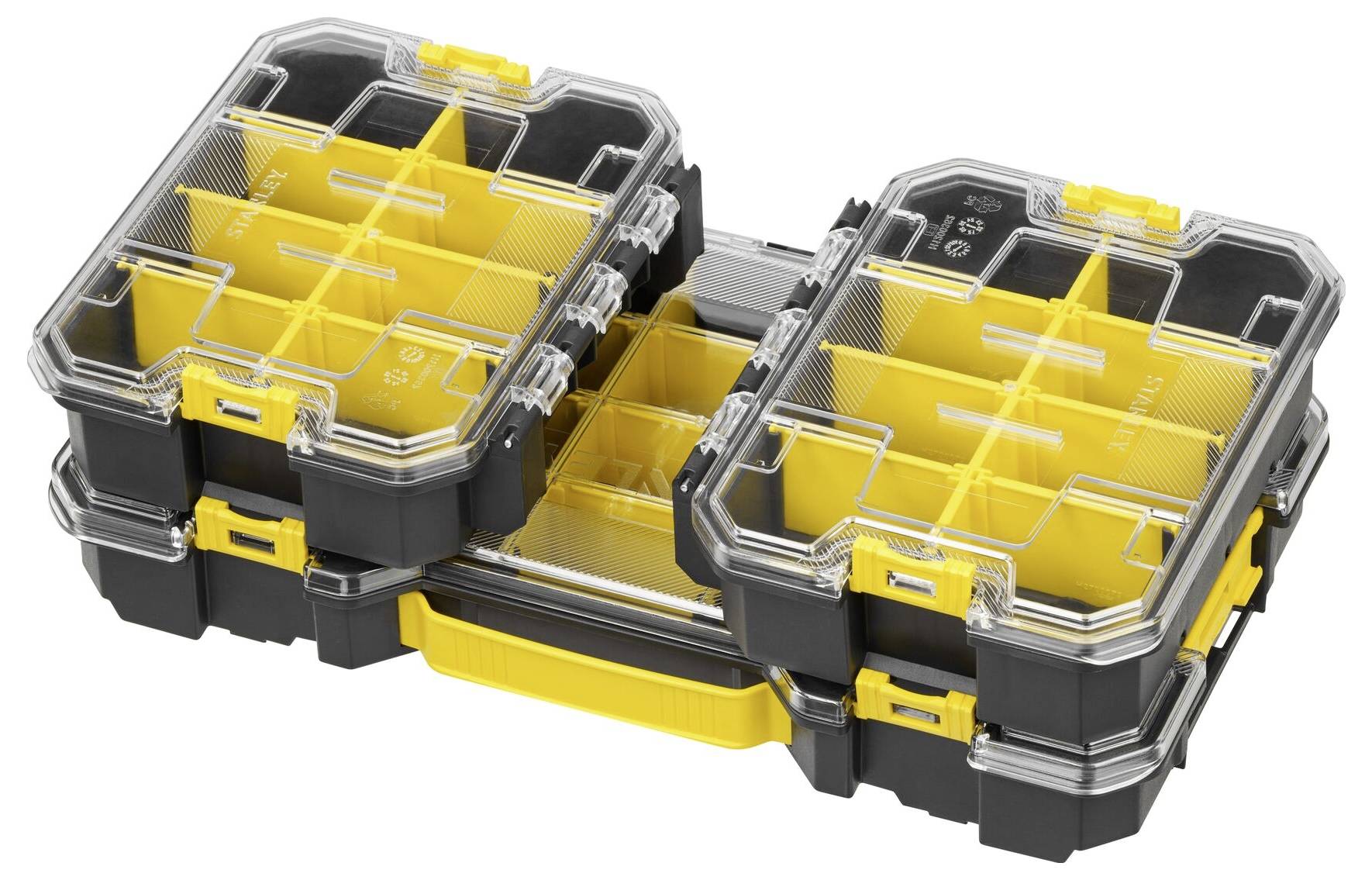 Ein schwarz-gelber Kunststoff-Werkzeugorganizer mit transparenten Deckeln, der mehrere Fächer zum Lagern kleiner Teile wie Schrauben oder Bolzen aufweist.