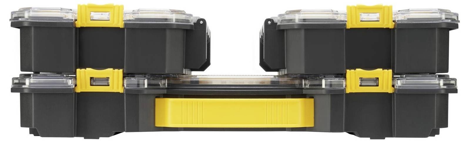 Eine behandschuhte Hand wählt ein Teil aus einem gelb-schwarzen Werkzeugorganizer aus, der mit verschiedenen Schrauben und Befestigungselementen auf einer Holzoberfläche gefüllt ist.