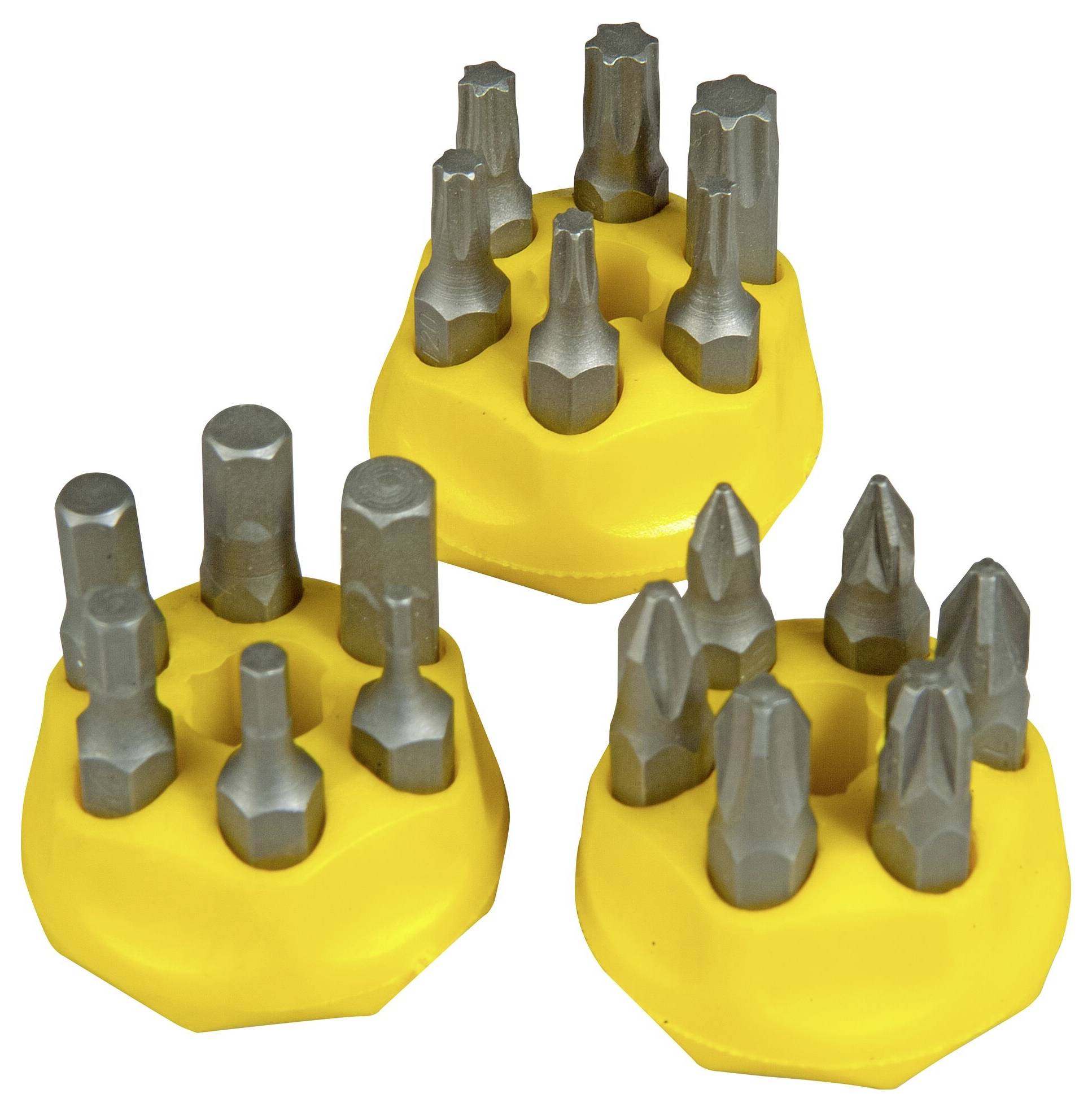 Drei gelbe magnetische Halter, jeweils mit einem Satz silberner Schraubendreher-Bits in verschiedenen Formen, die für verschiedene Schraubentypen verwendet werden.