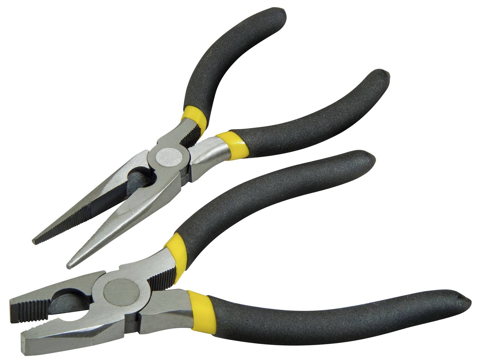 Zwei Zangen mit schwarzen und gelben Griffen; eine hat eine spitze Nase, die andere hat eine flache Vorderseite.