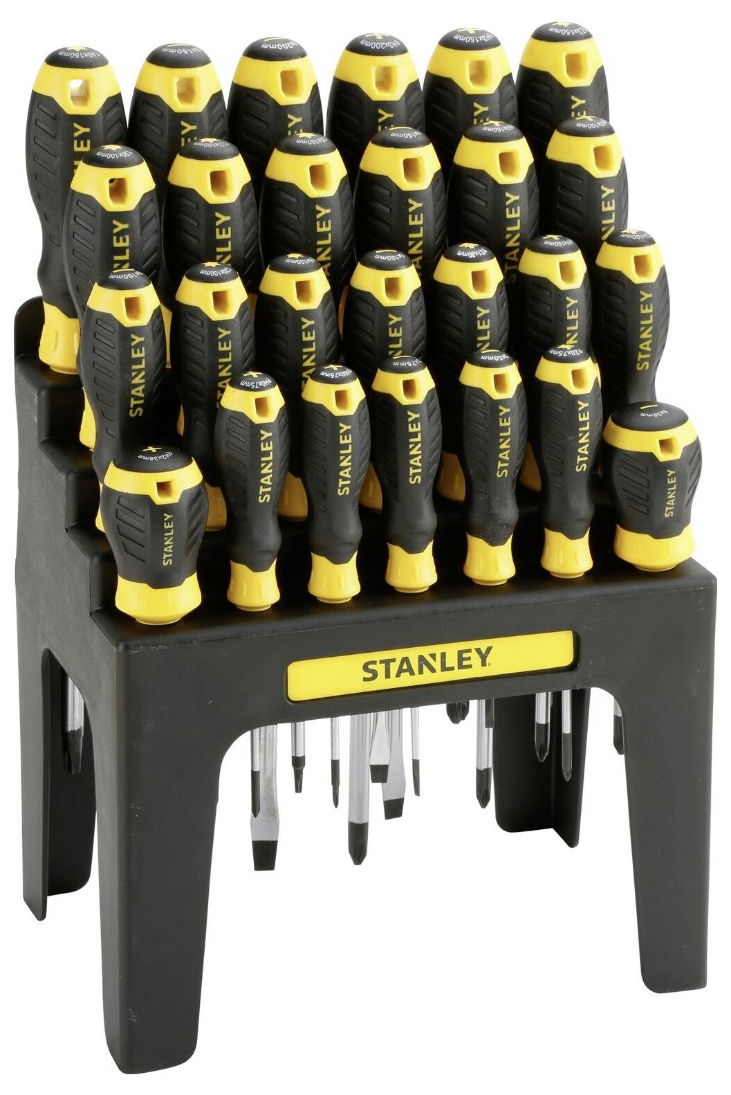 Stanley Schraubendrehersatz mit 20 verschiedenen Schraubendrehen in einem schwarz-gelben Halter, der unterschiedliche Größen und Typen zeigt.