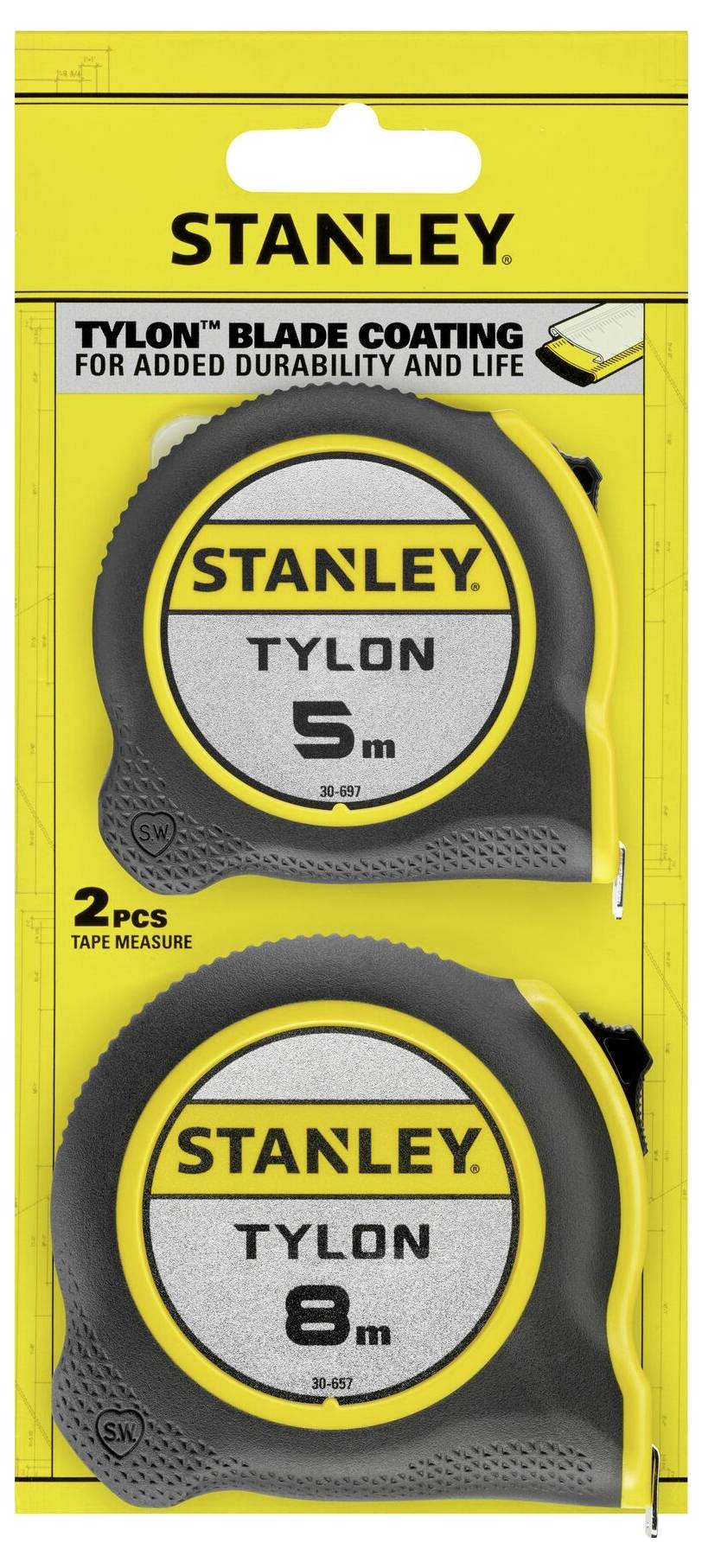 Stanley Tylon Stahlmaßstäbe, 5 m und 8 m, mit schützender Klingenbeschichtung für Langlebigkeit. Das Set enthält 2 Stück.