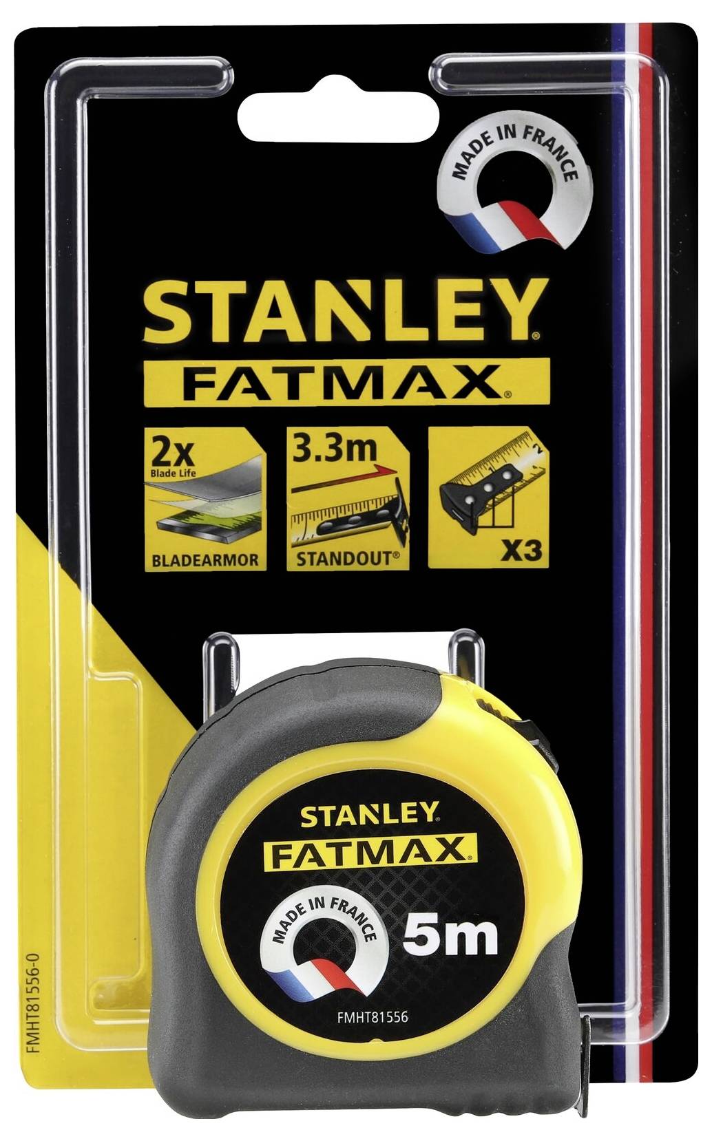 Stanley FatMax Messstab, 5 Meter, mit BladeArmor und 3,3m Ausladung, hergestellt in Frankreich, Features auf der Verpackung.