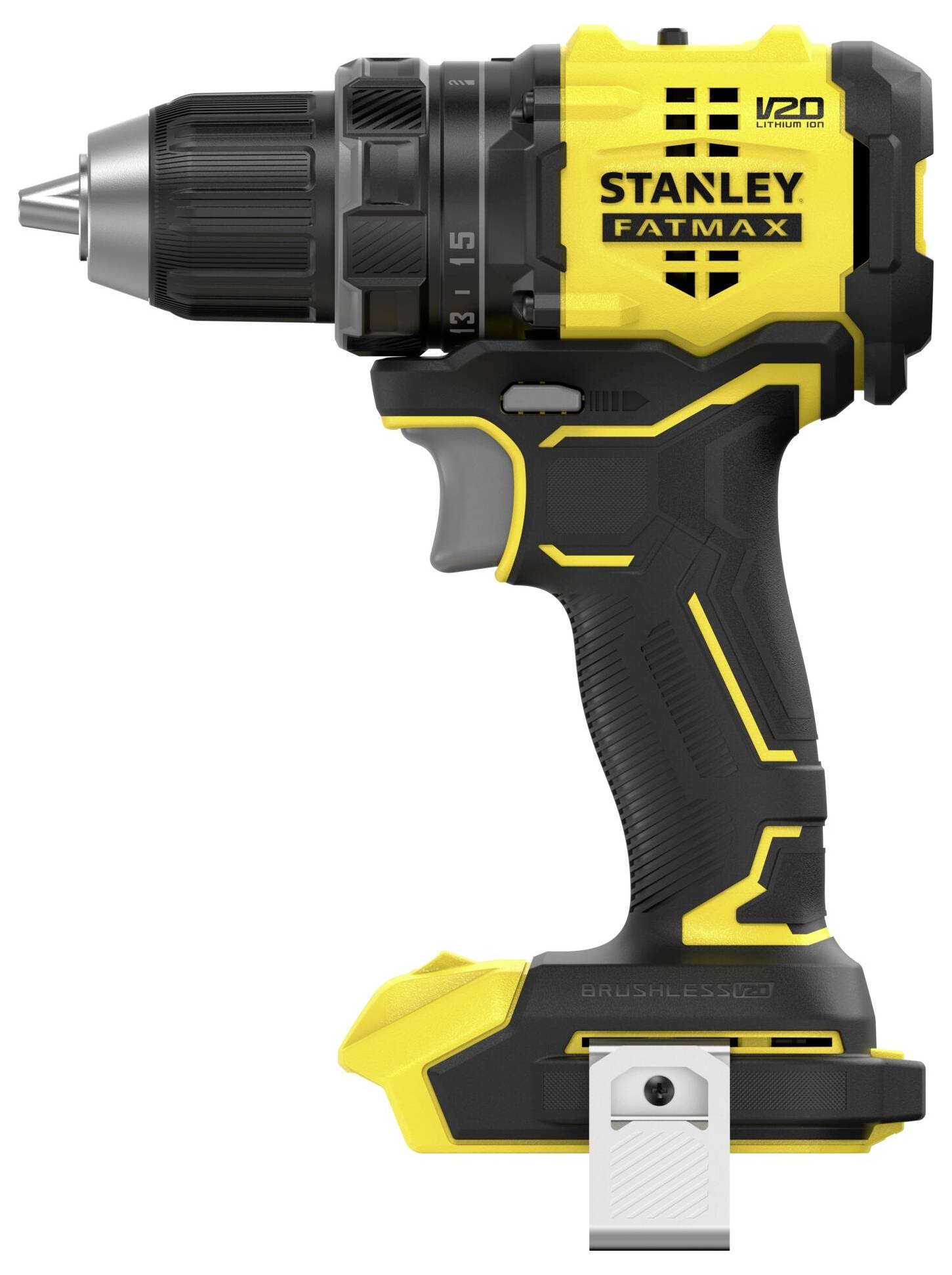 Eine Hand stellt die Einstellungen an einem Stanley Fatmax Elektrowerkzeug ein, was auf die Bedienungskontrolle hindeutet, mit Fokus auf das Einstellungsrad.