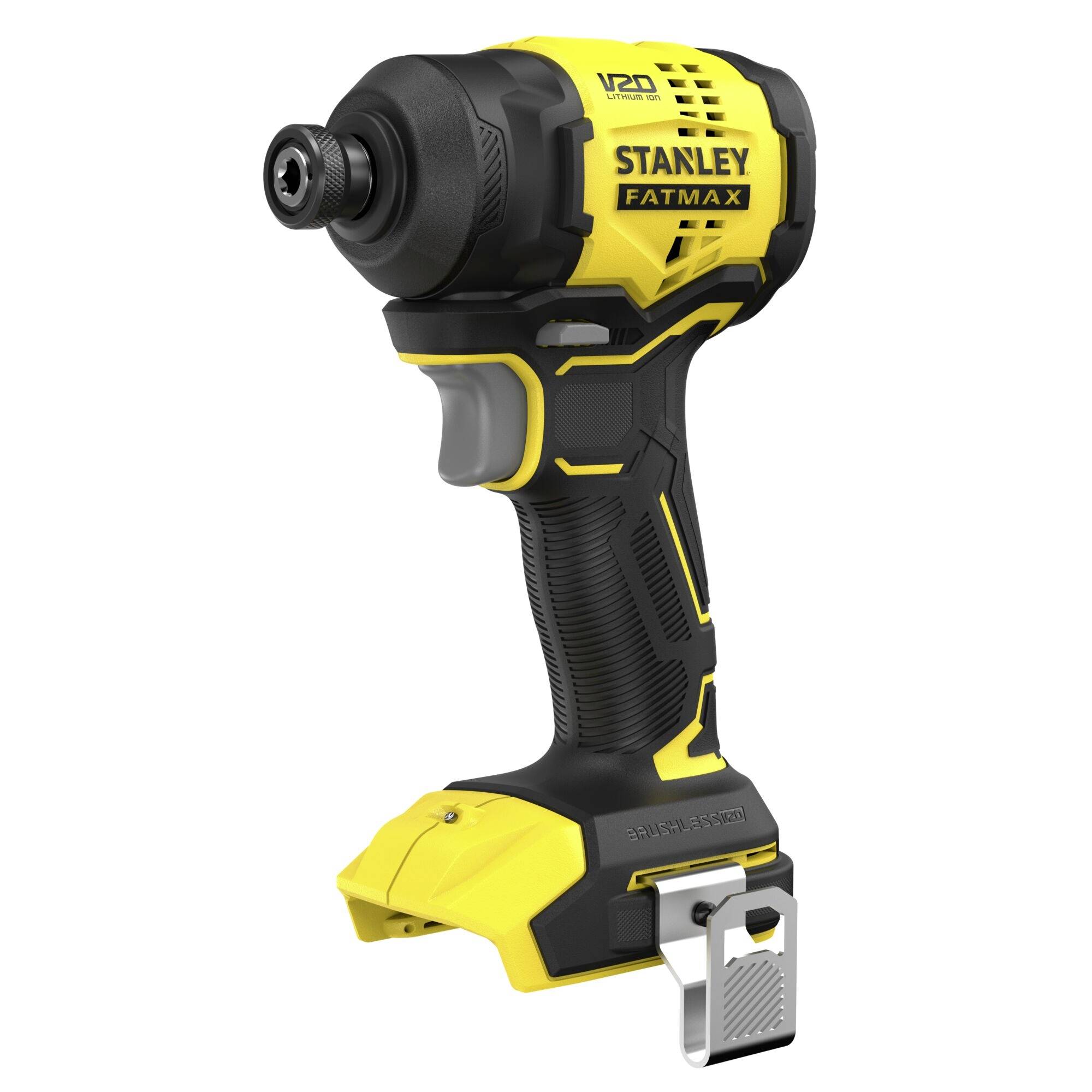 Ein gelb-schwarzer Stanley Fatmax Schlagschrauber mit bürstenlosem Motor, kompaktem Design und ergonomischem Griff, geeignet für schwere Aufgaben.
