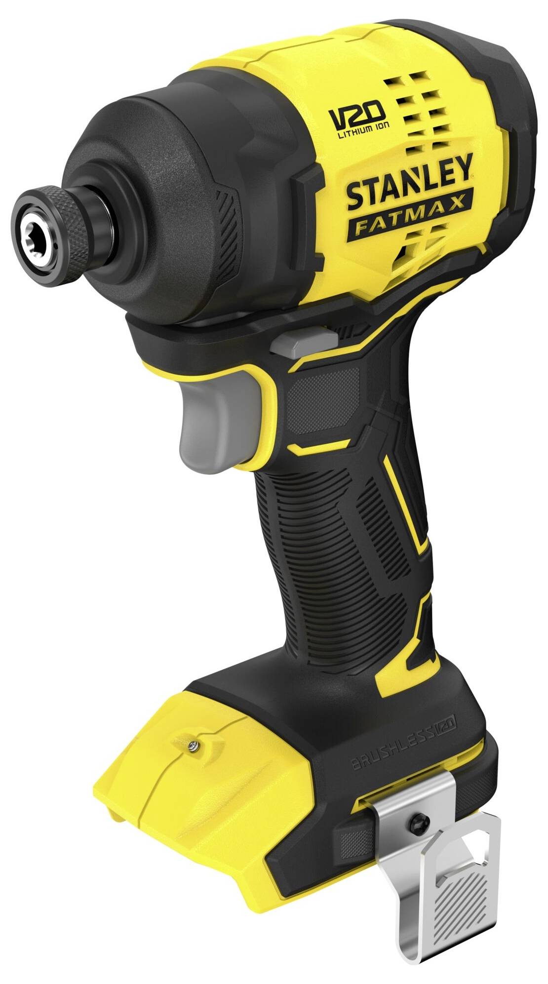 Ein gelb-schwarzer Stanley Fatmax V20 kabelloses Schlagschrauber-Set, ausgestattet mit einer Metallgürtelklammer, entwickelt für effiziente Antriebs- und Verschraubungsaufgaben.