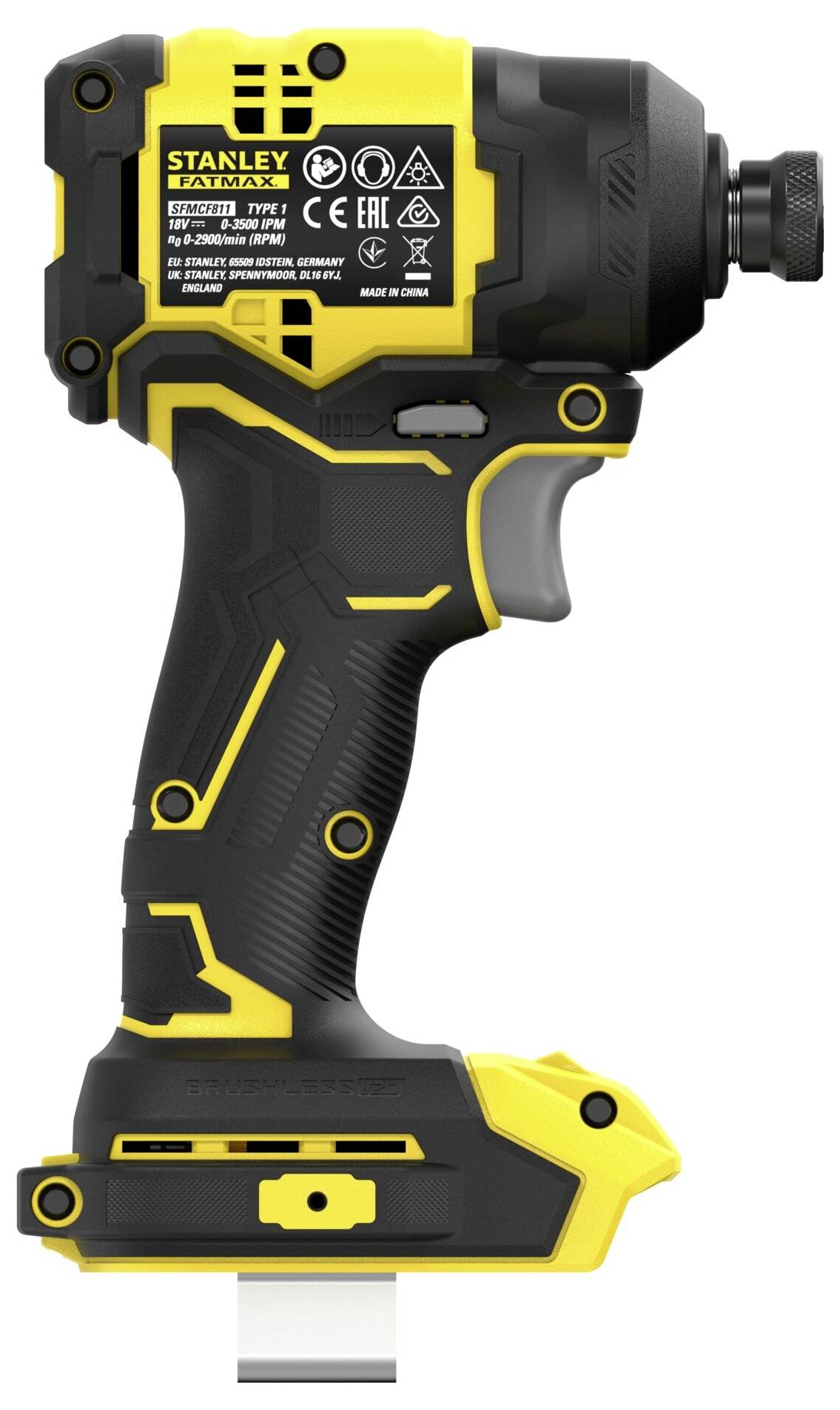Ein gelber und schwarzer kabelloser Schlagschrauber mit ergonomischem Griff, mit Marken- und Sicherheitsetiketten, konzipiert für Befestigungsanwendungen.